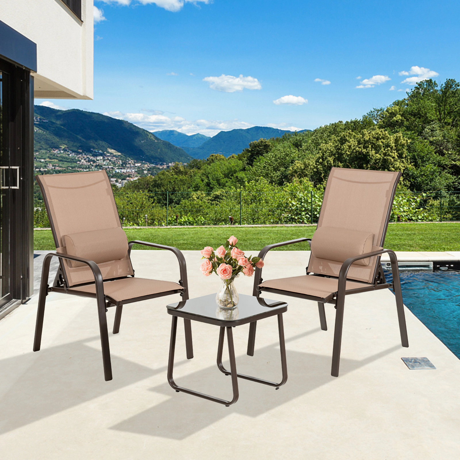 SUGIFT 3-Piece Black Patio Bistro Set, Folding Reclining Chairs and Tempered Glass Table