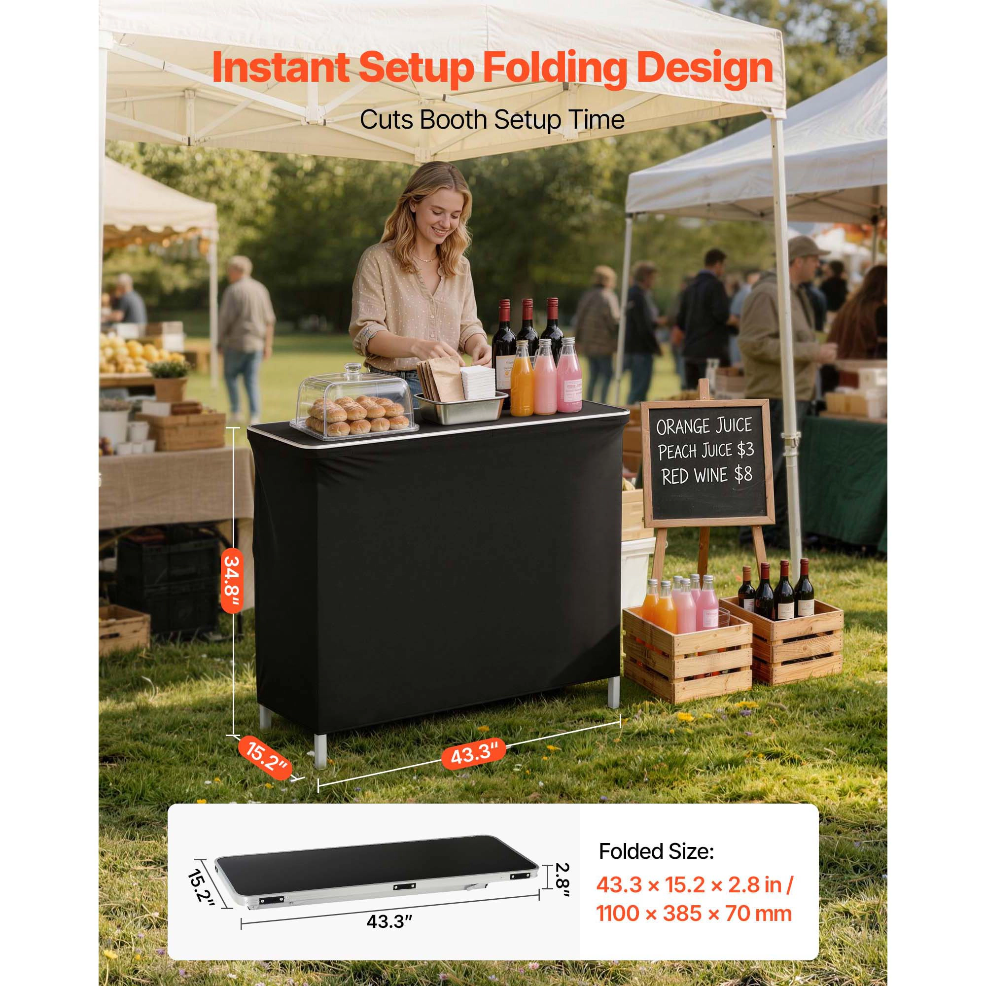 HONGGE Folding Portable Bar Table with Carry Bag 2 Storage Shelves and Detachable Skirt Quick and Easy Setup Foldable