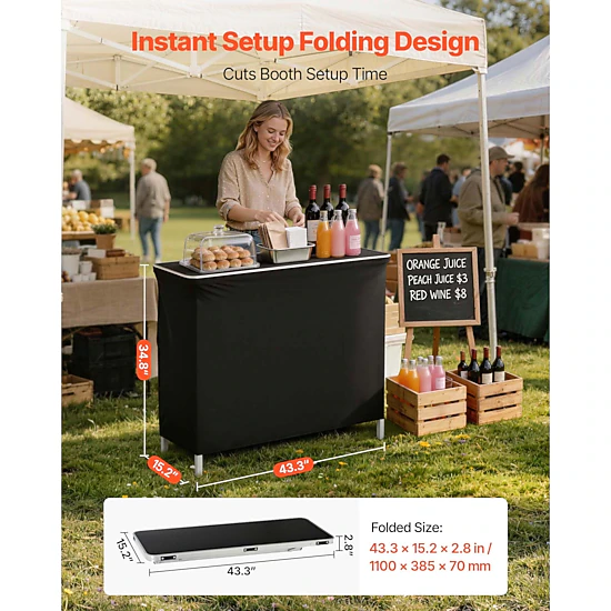 HONGGE Folding Portable Bar Table with Carry Bag 2 Storage Shelves and Detachable Skirt Quick and Easy Setup Foldable