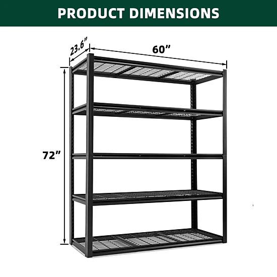 Flynama 5-Tier Freestanding Garage Shelving, Heavy Duty Steel, Adjustable, Black (62"W x 72"H x 24"D)
