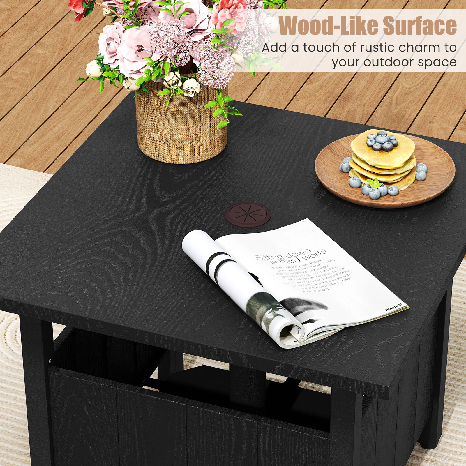 SUGIFT 22-In Black Outdoor Patio Side Table with Umbrella Hole, Base and Storage Door