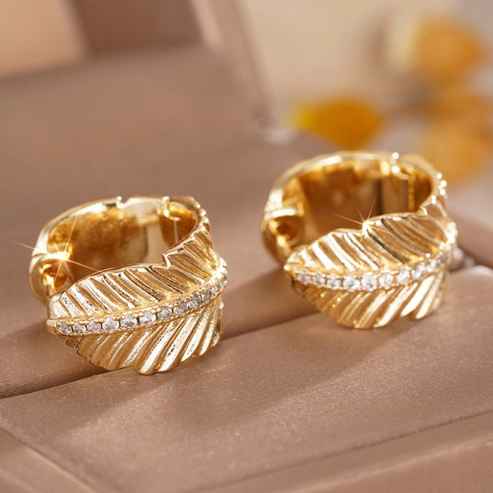 Wardrobe Whimsy Textured Leaf Hoop Earrings Paved Cubic Zirconia Gold Tone Earrings for Women