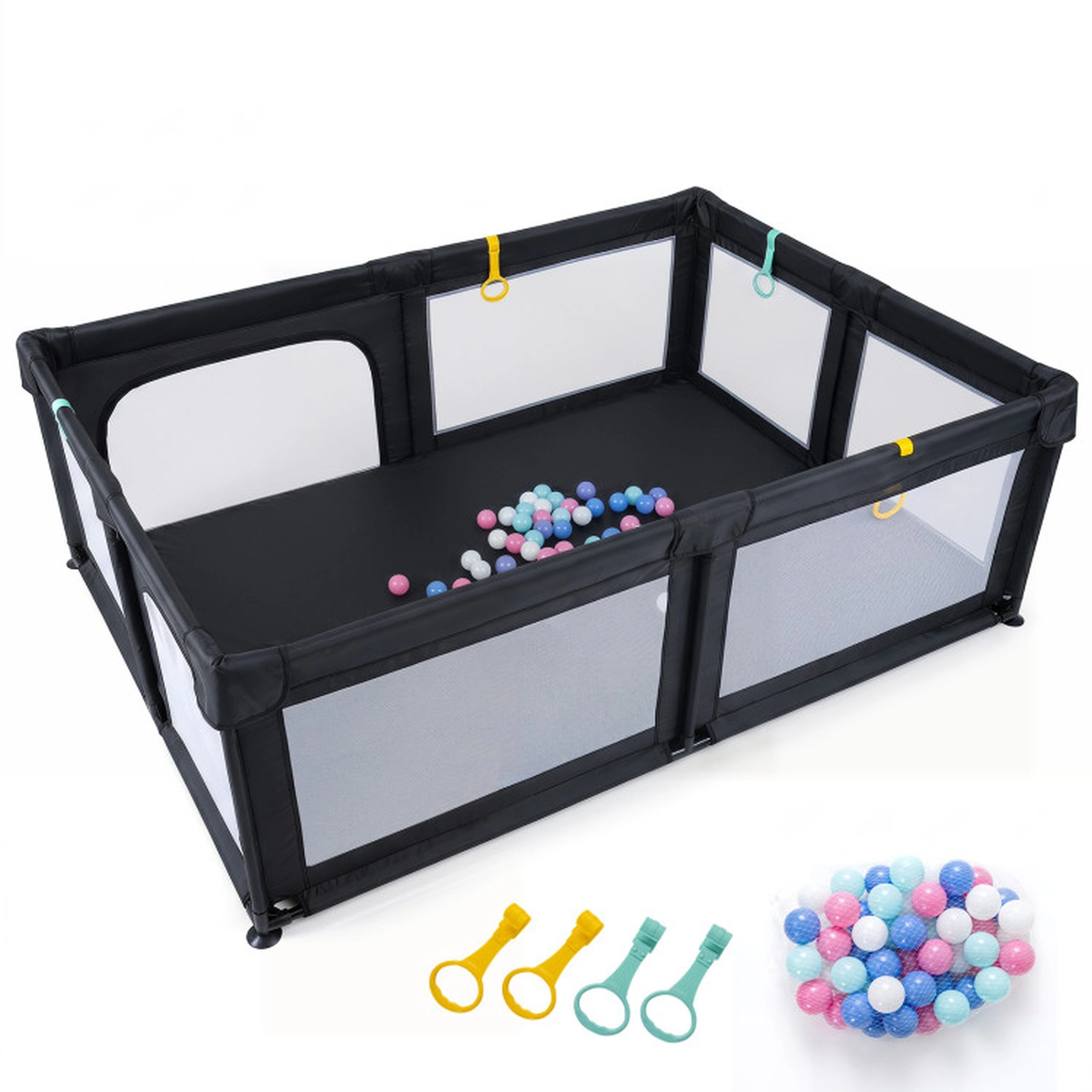 SUGIFT Baby Mesh Zippered Doors 4 Pull Rings 50 Ocean Balls Large Playard 79-in x 55-in x 27-in 14-lb Net Weight Black