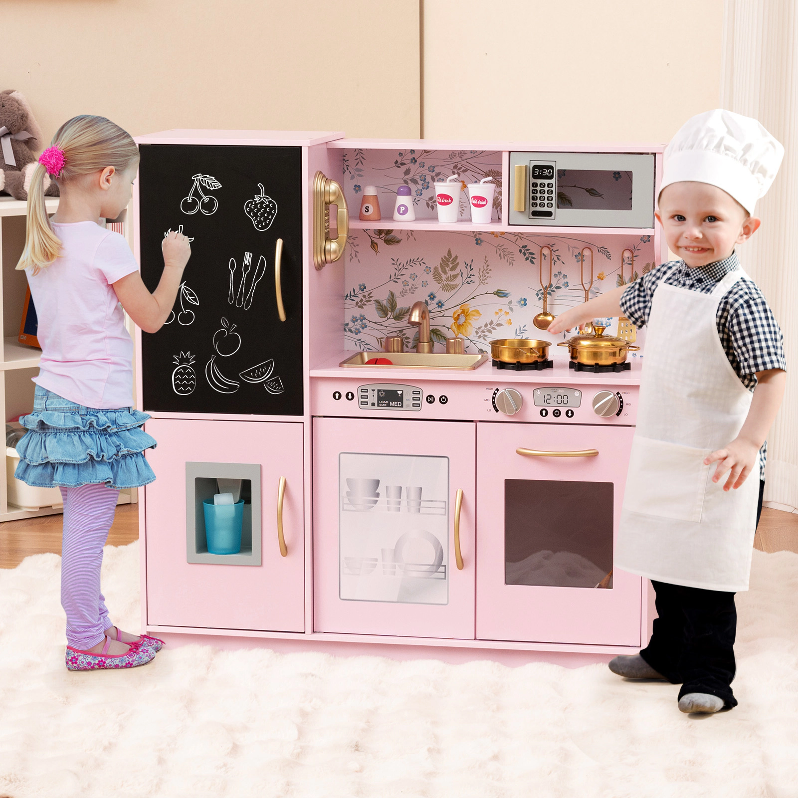 Light Pink Kitchen Playset Stove Cookware Lift-Out Sink Towel Rack 32-in Kitchen Play Set Blackboard Ages 3-6