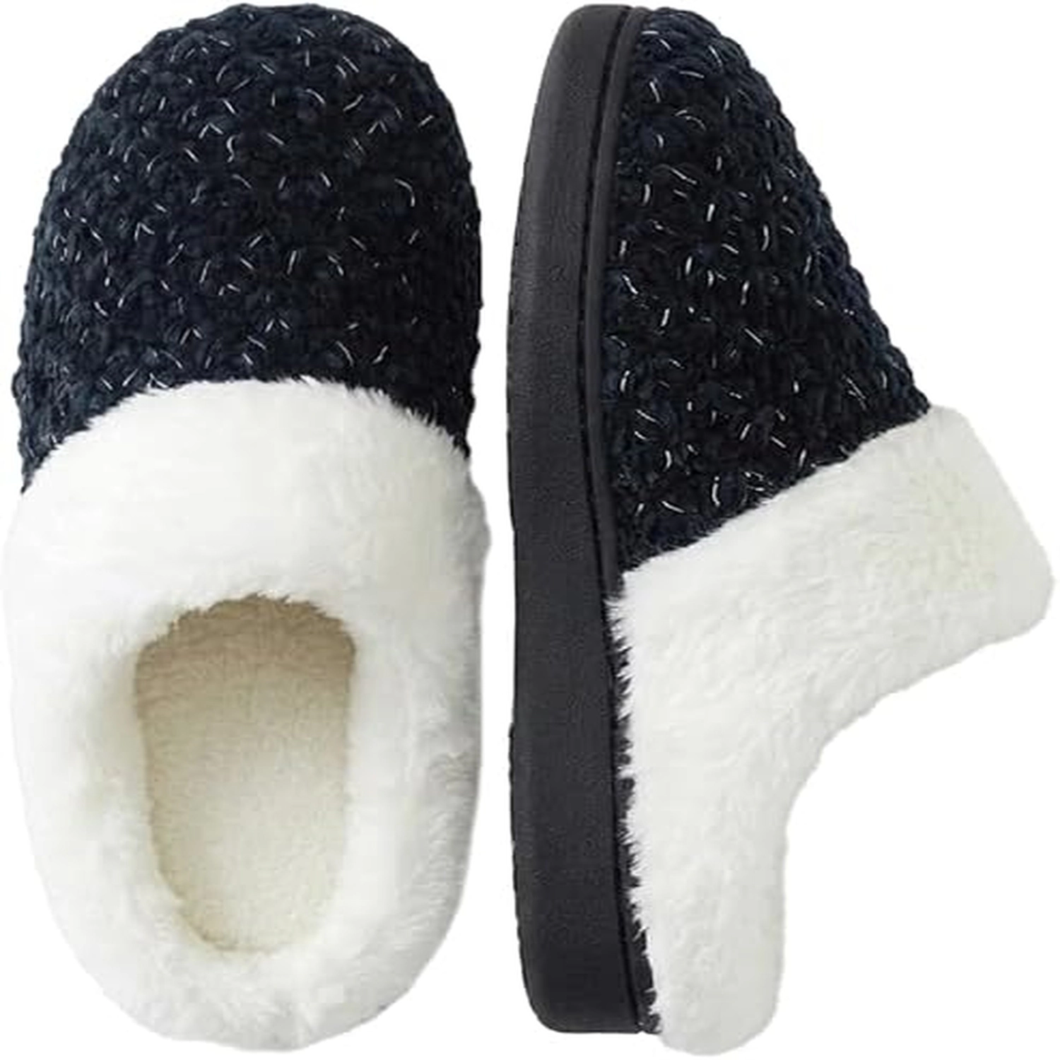 Roxoni Women's Knit Memory Foam Clog Slippers with Plush Faux Fur Collar