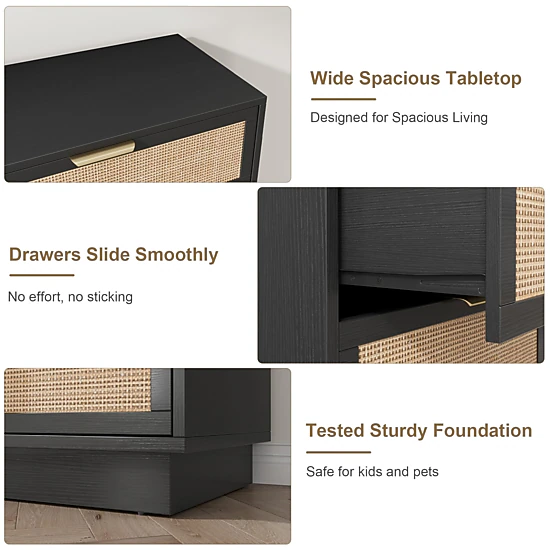 BebreezChic 5-Drawer Rattan Dresser, Wood Cabinet, Integrated Legs, Woven Design, Space-Saving, Black