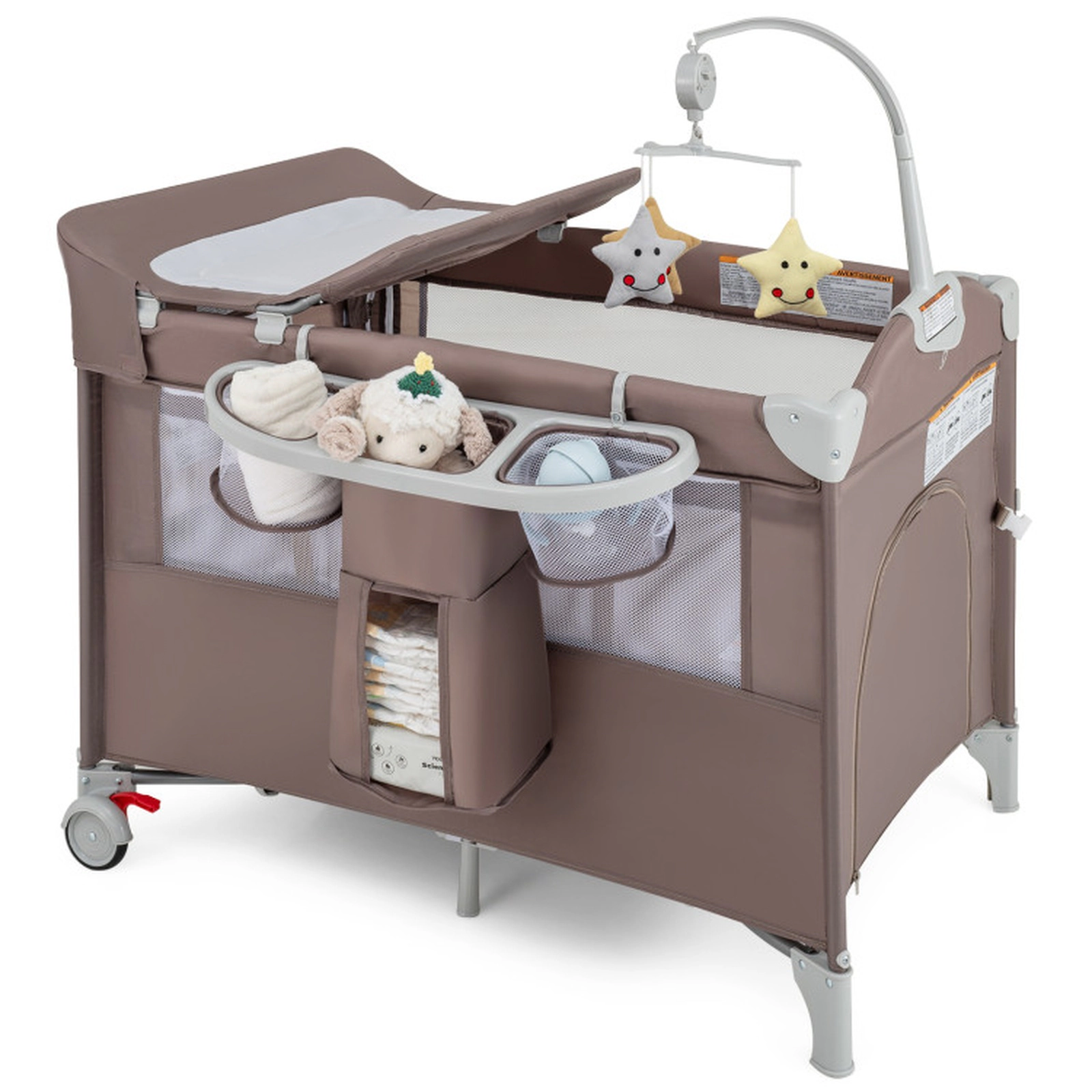 SUGIFT 5-in-1 Pack and Play Baby Bedside Sleeper with Diaper Changing Table Music Box and Storage Shelf