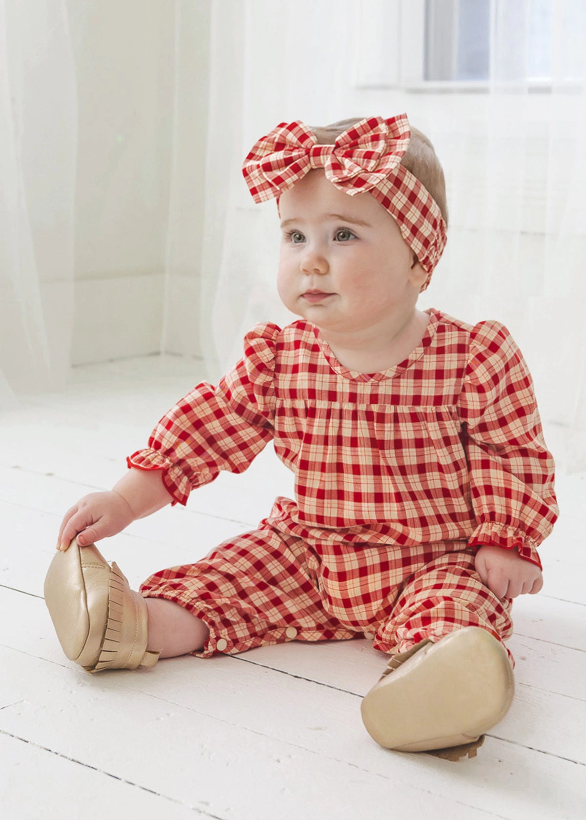 Mabel and Honey Paisley Woven Plaid Romper