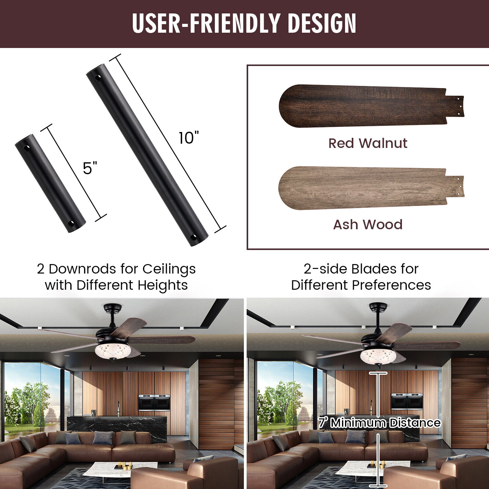 SUGIFT Walnut 5-Blade Retro Ceiling Fan with Remote Control and 3 Wind Speeds 52-in Dia 5520-CFM Airflow
