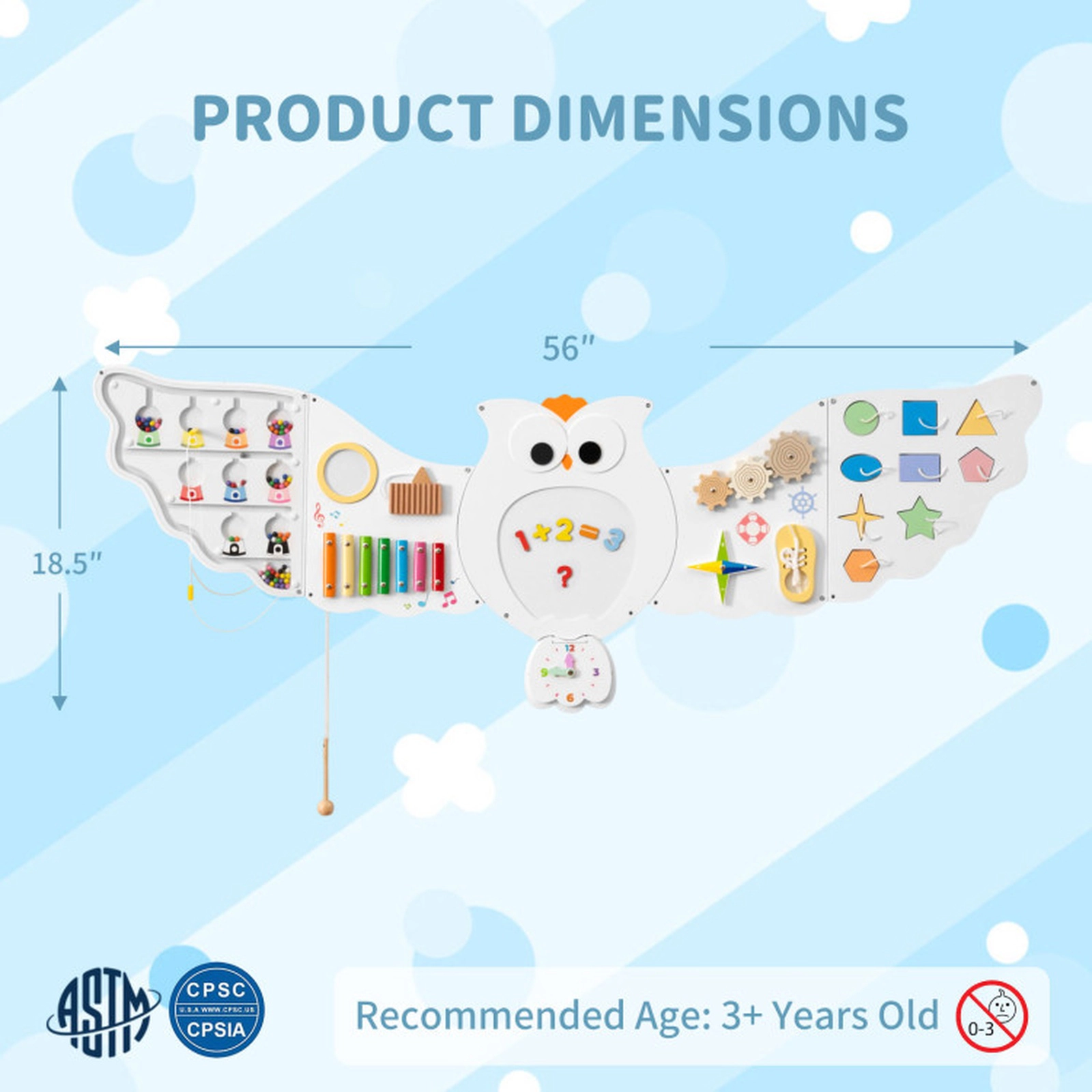 SUGIFT 11-in-1 56-in Owl Montessori Busy Board Wall Panel Set with Magnetic Math Board and 6 Panels