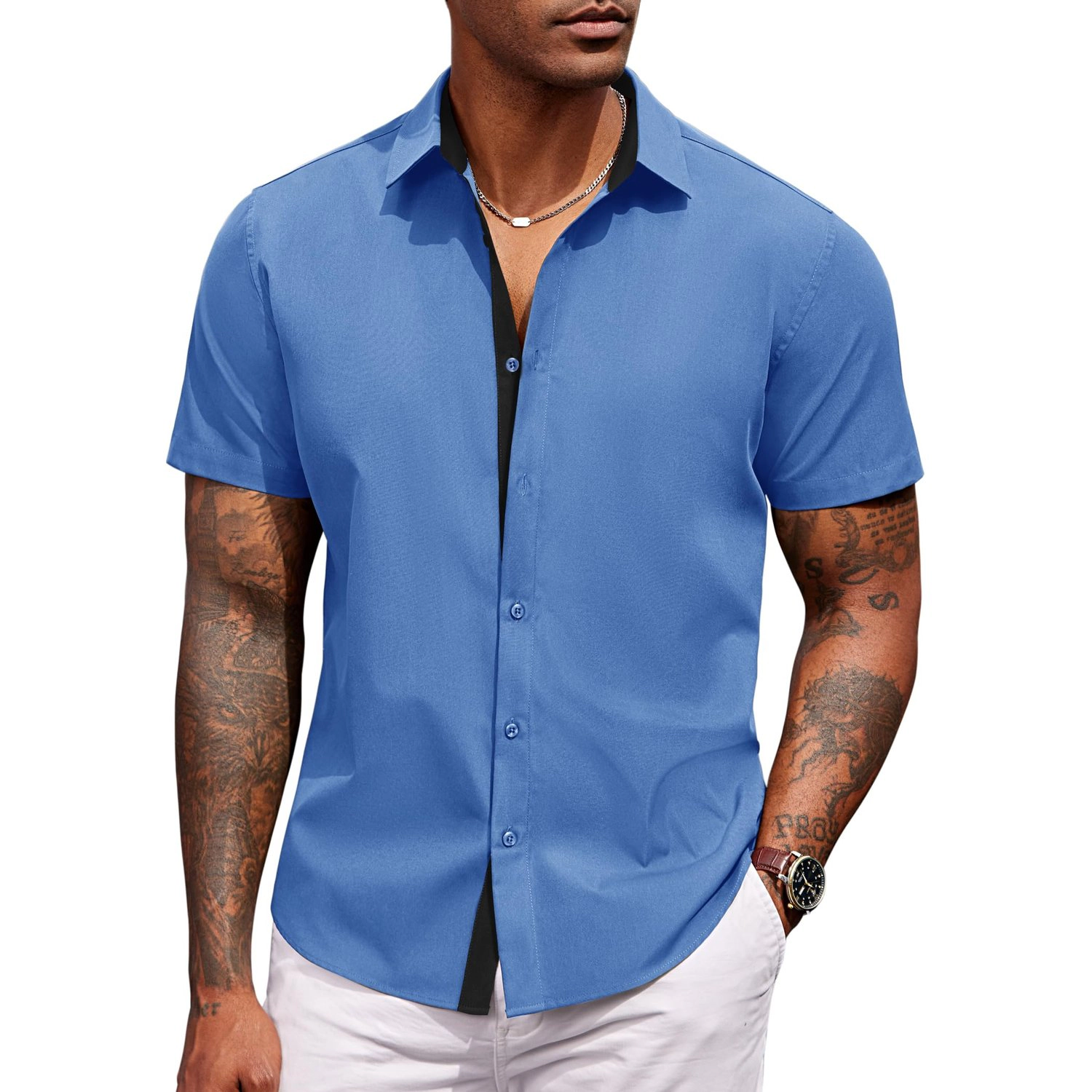 COOFANDY Mens Short Sleeve Button Down Shirts Contrast Collar Casual  Tops