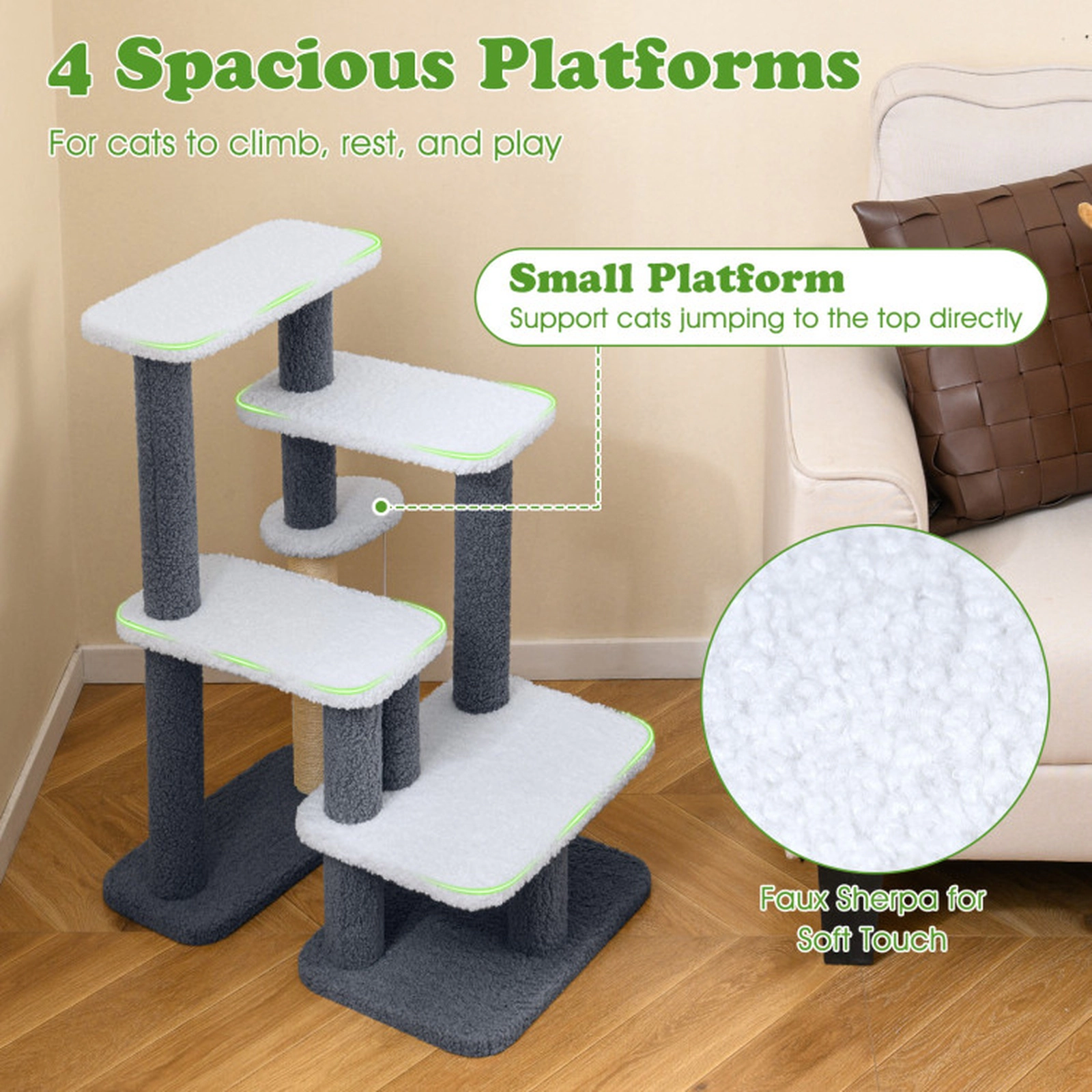 SUGIFT 2-in-1 Cat Stairs Cat Tree Tower with Scratching Posts and Hanging Toy Ball 33-lb Capacity Gray