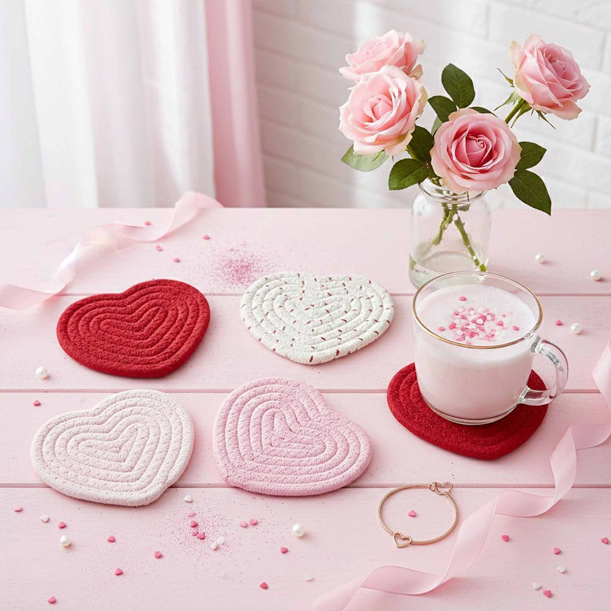 Alilang Unisex 2-PC Heart Shaped Braided Coaster Set Soft Table Protectors
