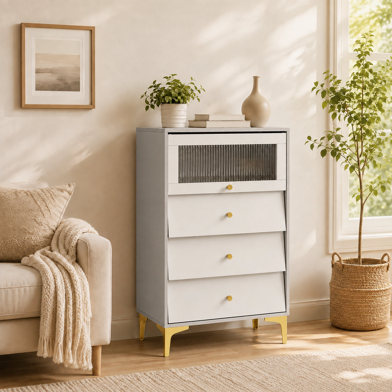 SUGIFT Gray Flip-Up Fluted Glass Door and 3 Pull-Out Drawers Modern Storage Cabinet