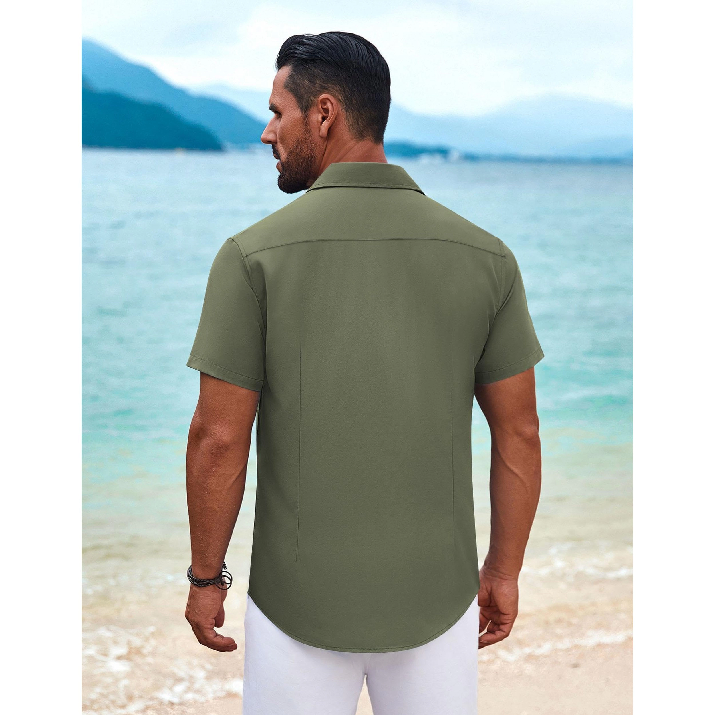 COOFANDY Mens Short Sleeve Button Down Shirts Cuban Collar Pleated  Tops