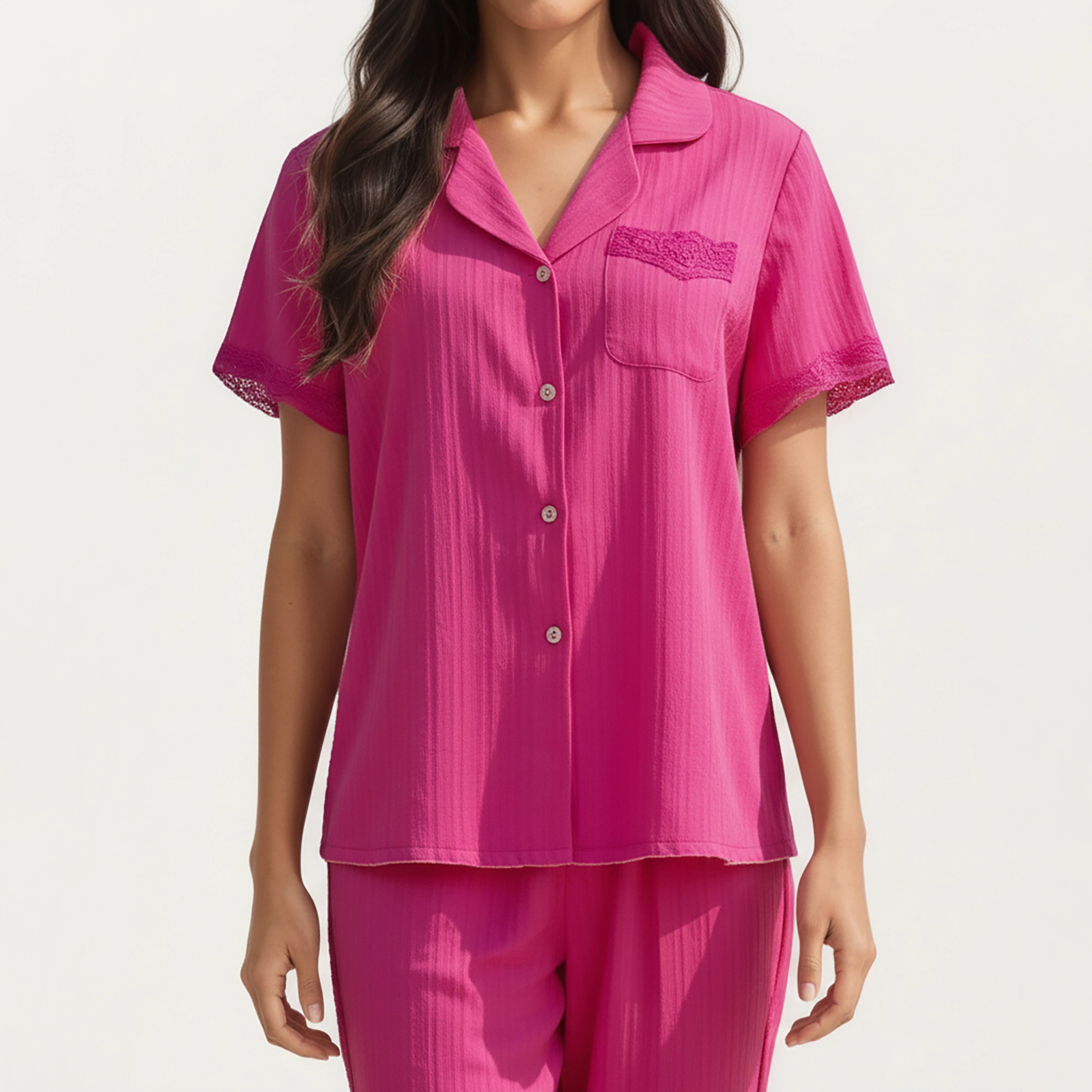 Anna-Kaci Women's Short Sleeve Pajama Set with Button Up Top Lace Trim Sleeves Chest Pocket and Relaxed Fit Lounge Pants
