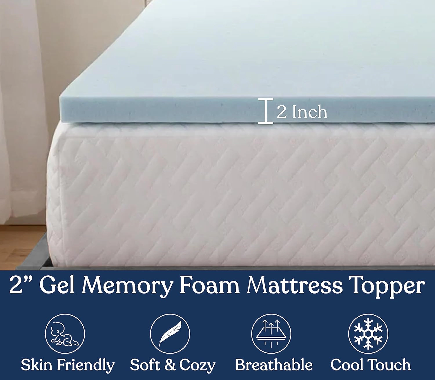 Delara 2-in Gel-Infused Memory Foam Mattress Topper High-Density Cooling Foam with Ventilated Airflow Design