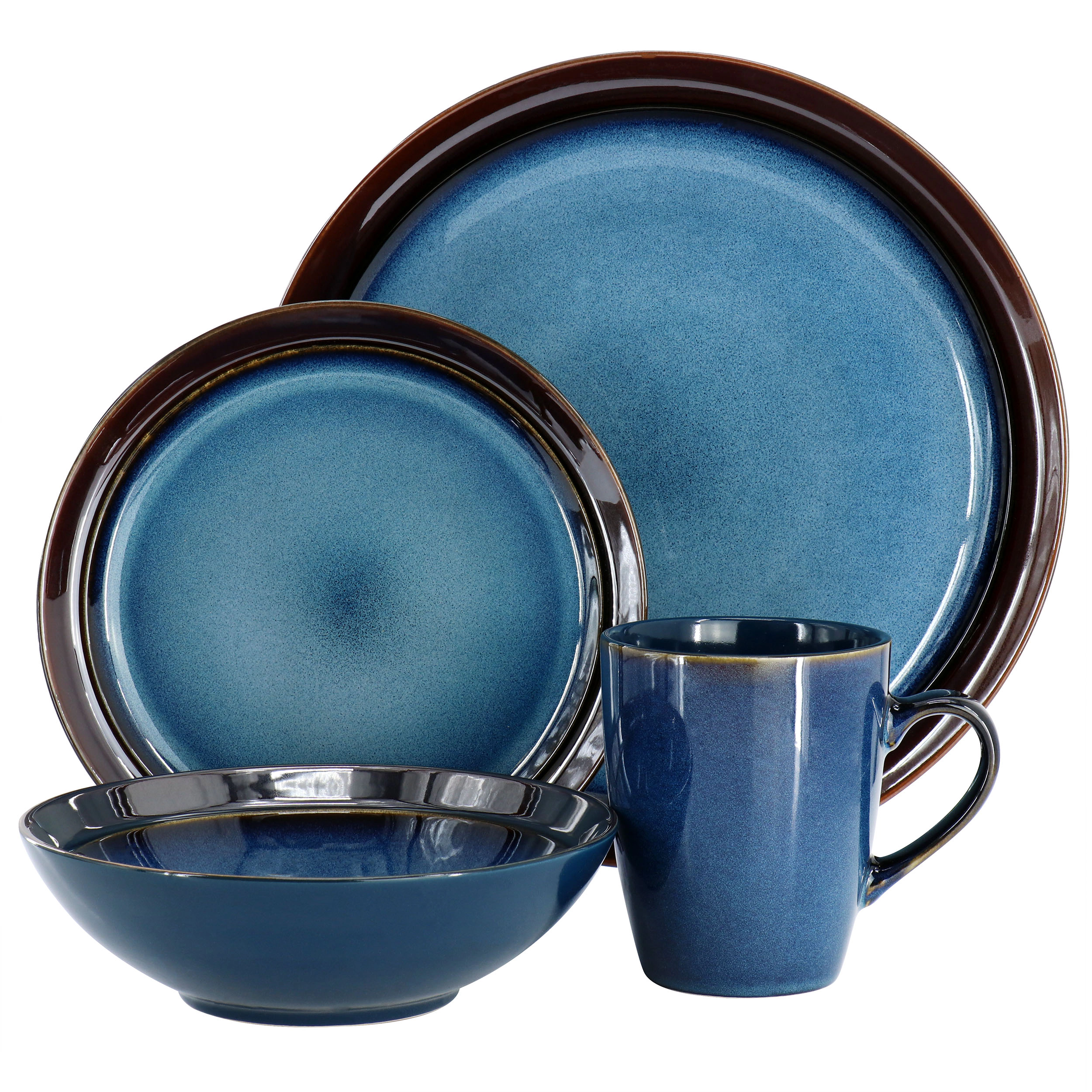 Gibson Elite 16 Piece Priya Reactive Glaze Stoneware Dinnerware Set Blue