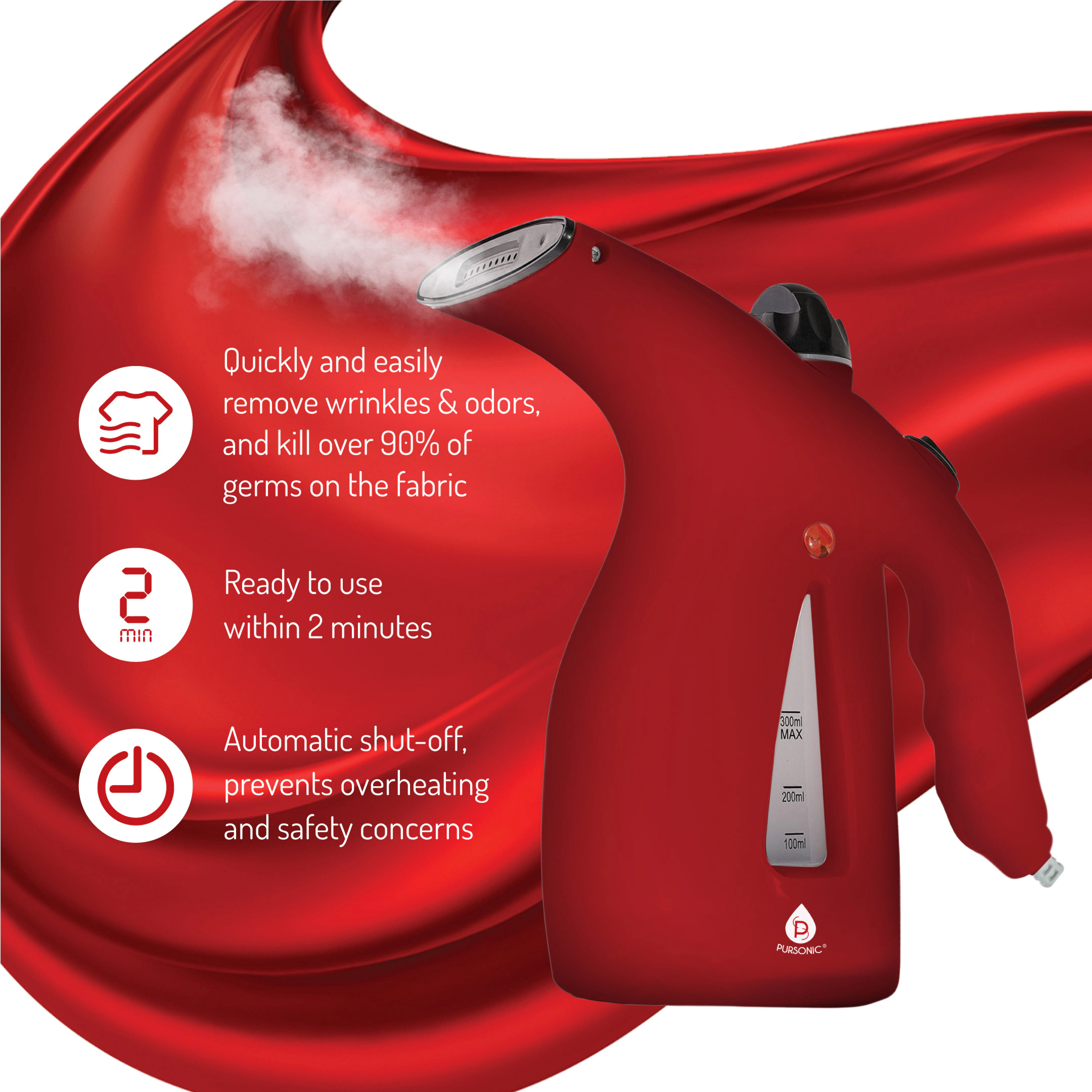 Pursonic Unisex Portable Handheld Fabric Fast 2 Minute Heat-Up Garment Steamer