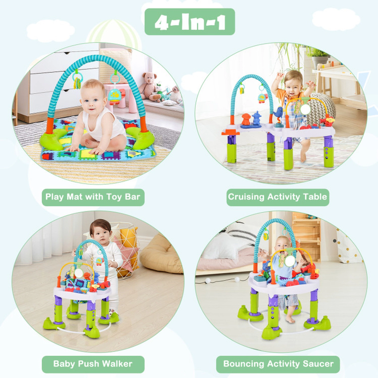 SUGIFT Baby Green 4-in-1 Bouncer Activity Center with 3 Heights and Play Mat 32.5-in Dia 25-lb Seat Capacity