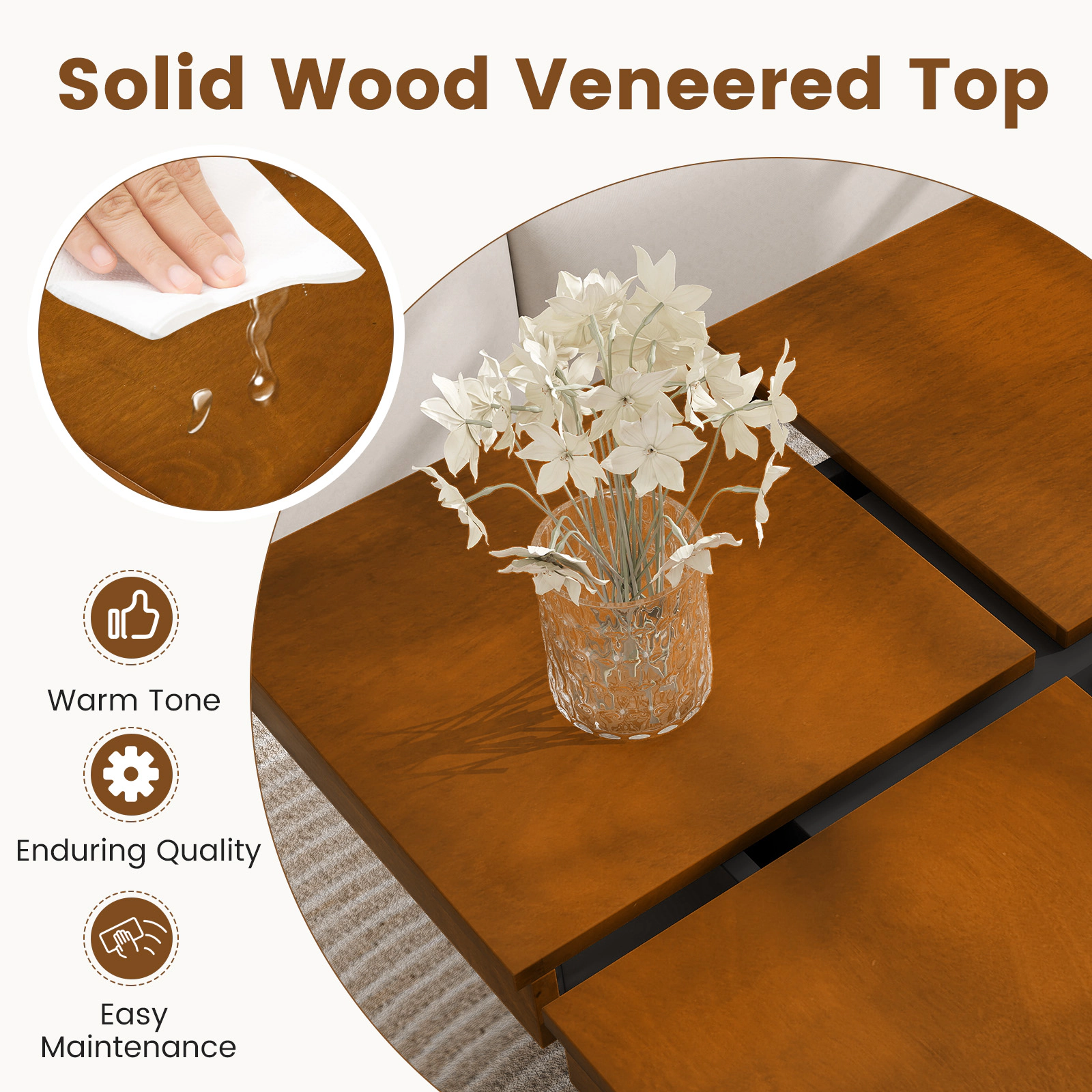 Glintex Mid-Century 31.5-Inch Square Coffee Table with Quad-Section Top, Walnut & Black