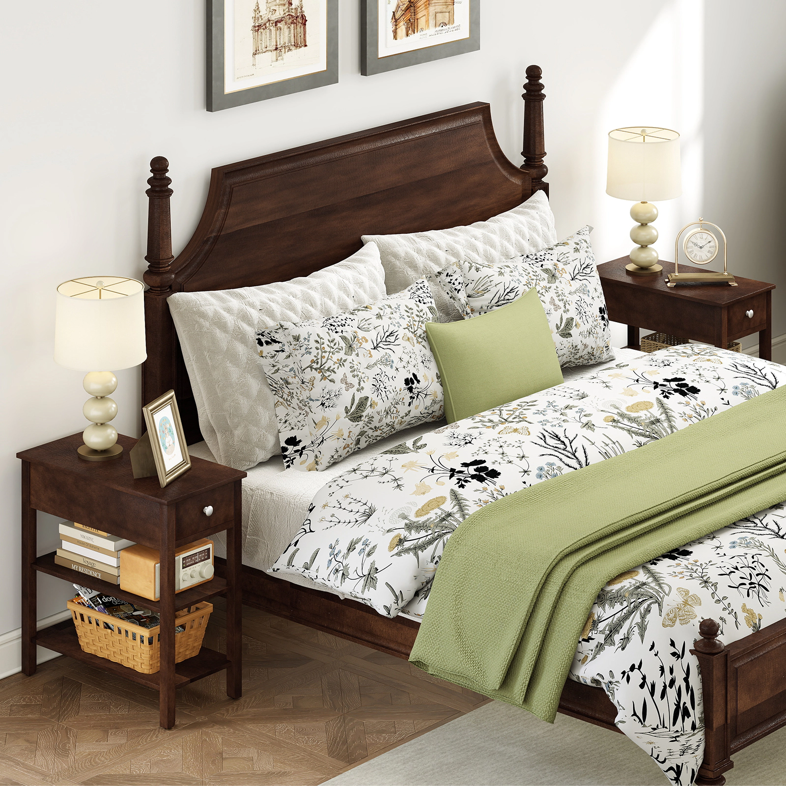 SUGIFT Set of 2 Narrow Walnut Nightstands, 3-Tier Shelves and Drawer