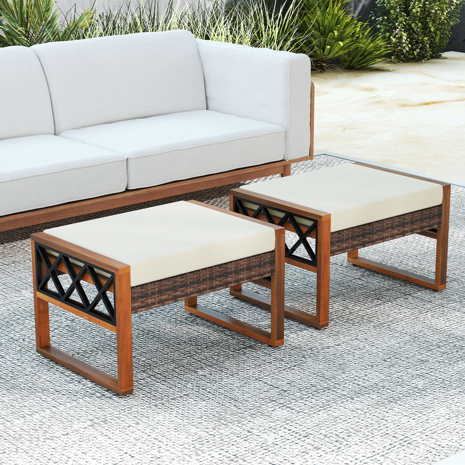 SUGIFT PE Rattan Wicker Patio Ottomans Set of 2 with Removable Cushions 400-lb Capacity Mix Brown Beige
