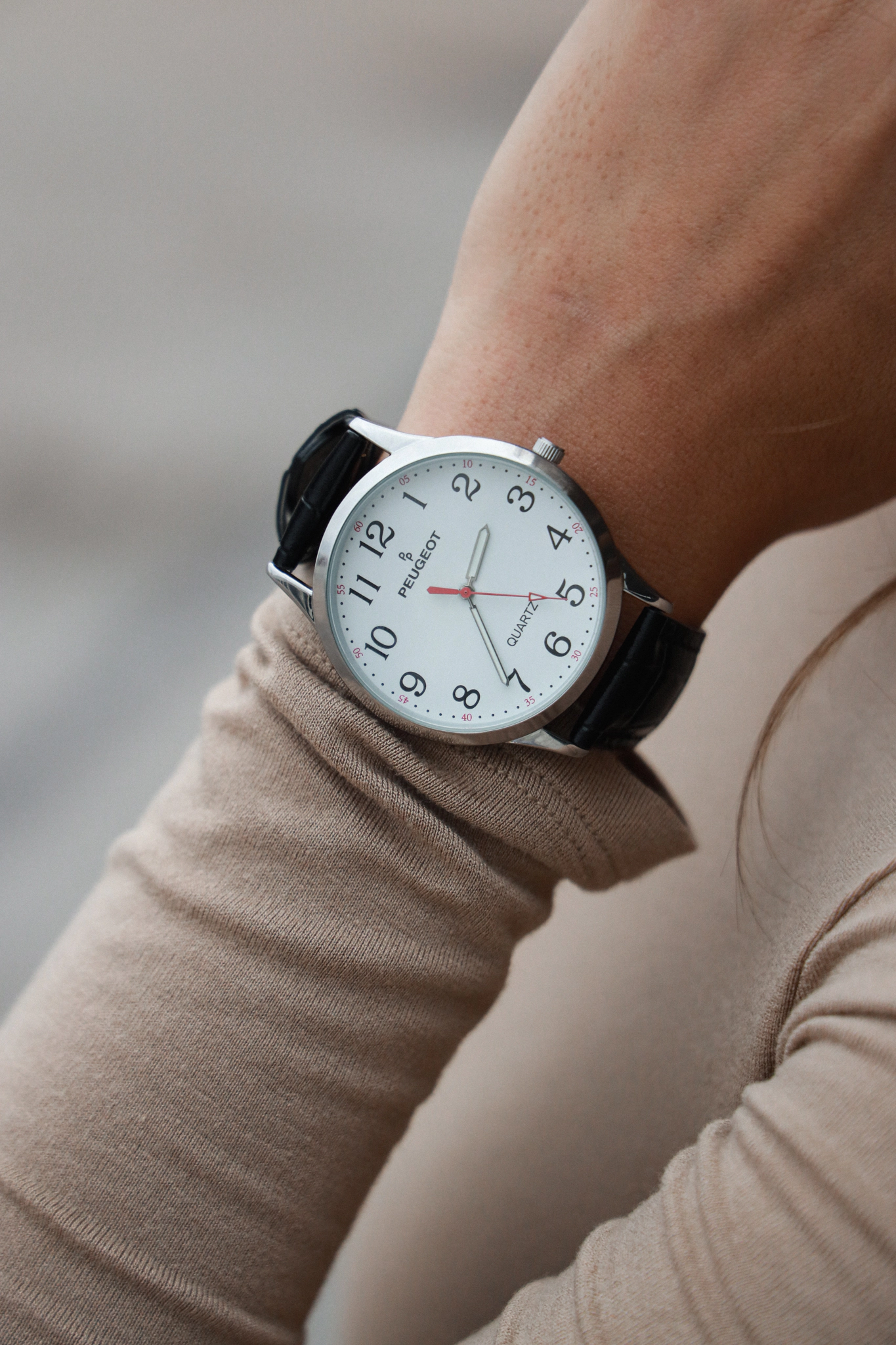 Peugeot Women's 40mm Large Face Watch with Bold Arabic Numerals and Leather Band