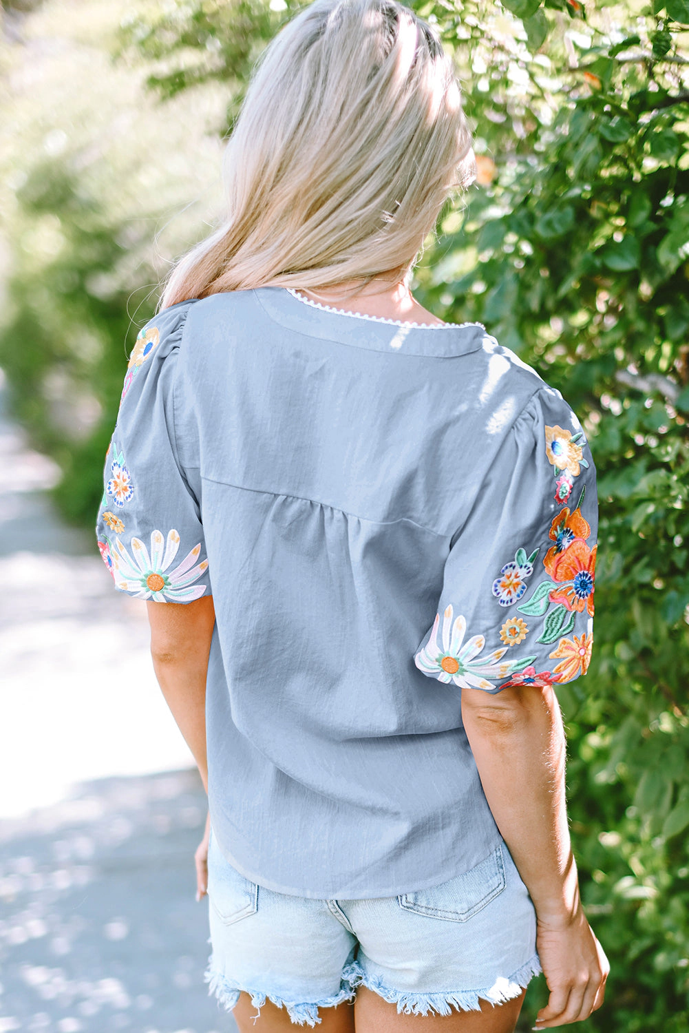 Threaded Pear Women's Hadlee Floral Embroidered Puff Sleeve Split Neck Blouse