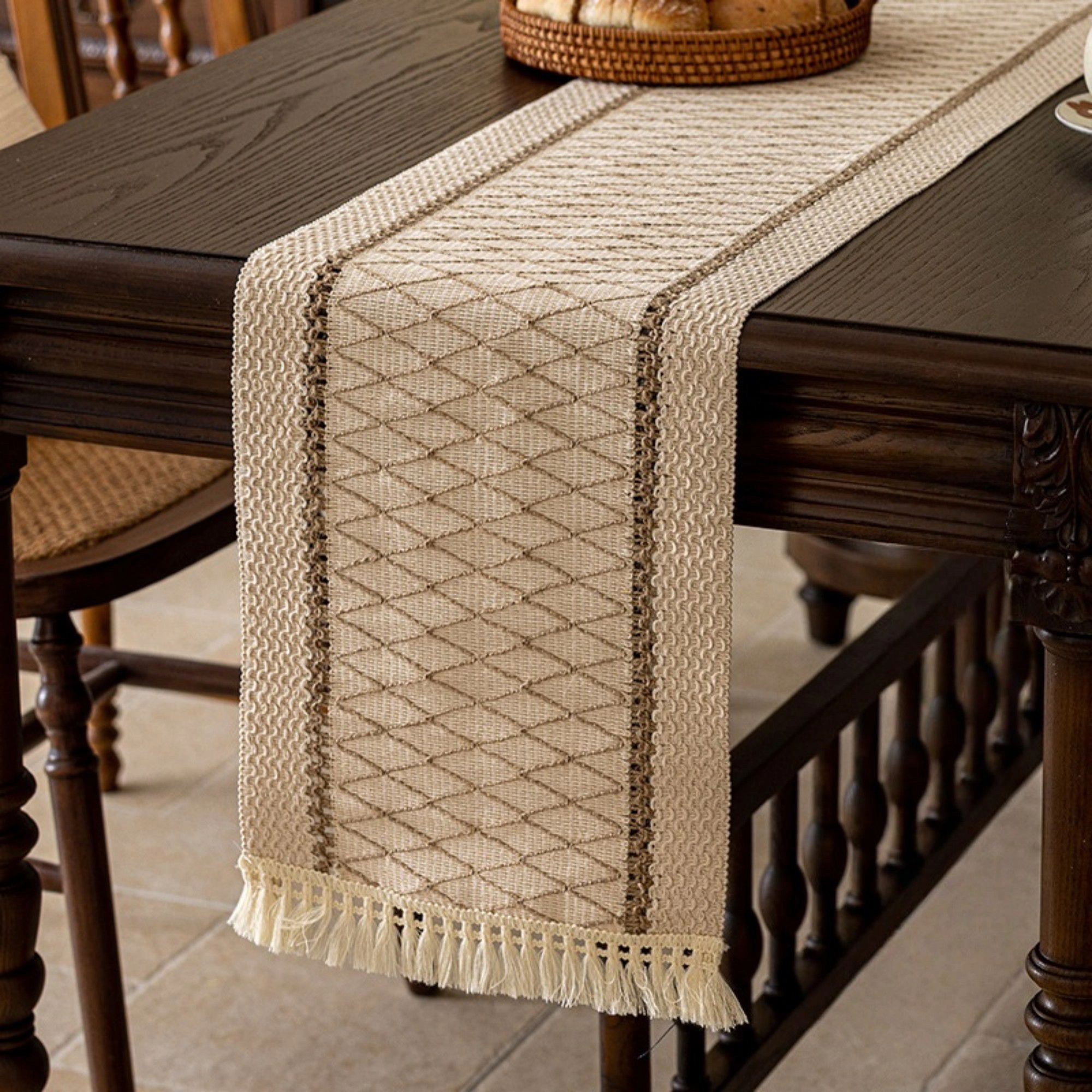 Alilang Women Textured Woven Table Runner with Fringe Trim and Neutral Stripe Pattern 47x11.8