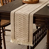 Alilang Women Textured Woven Table Runner with Fringe Trim and Neutral Stripe Pattern 47x11.8 in