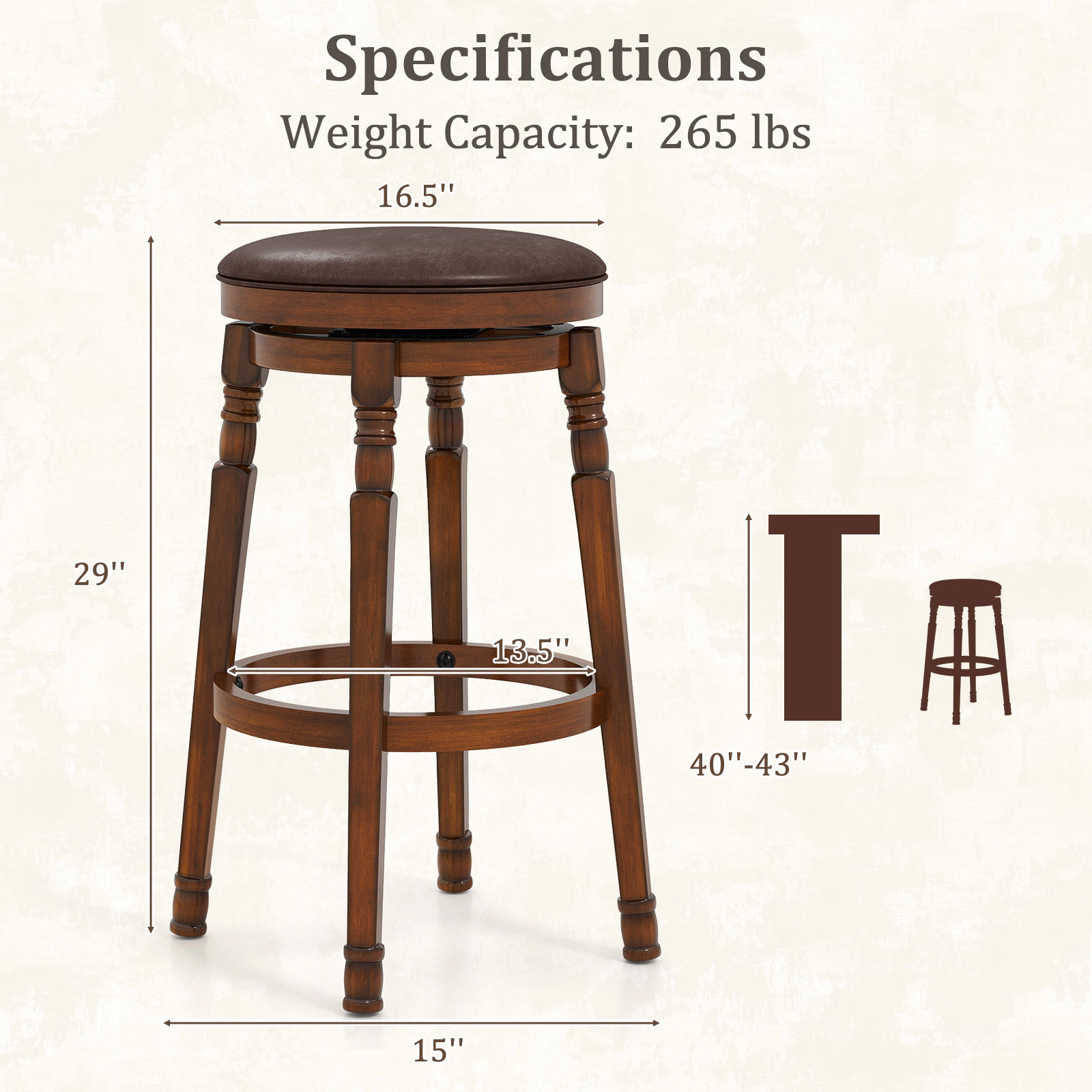 SUGIFT Set of 2 Walnut 29-in PU Leather Padded Swivel Bar Stools with Ultra-Wide Seat Base and Footrest