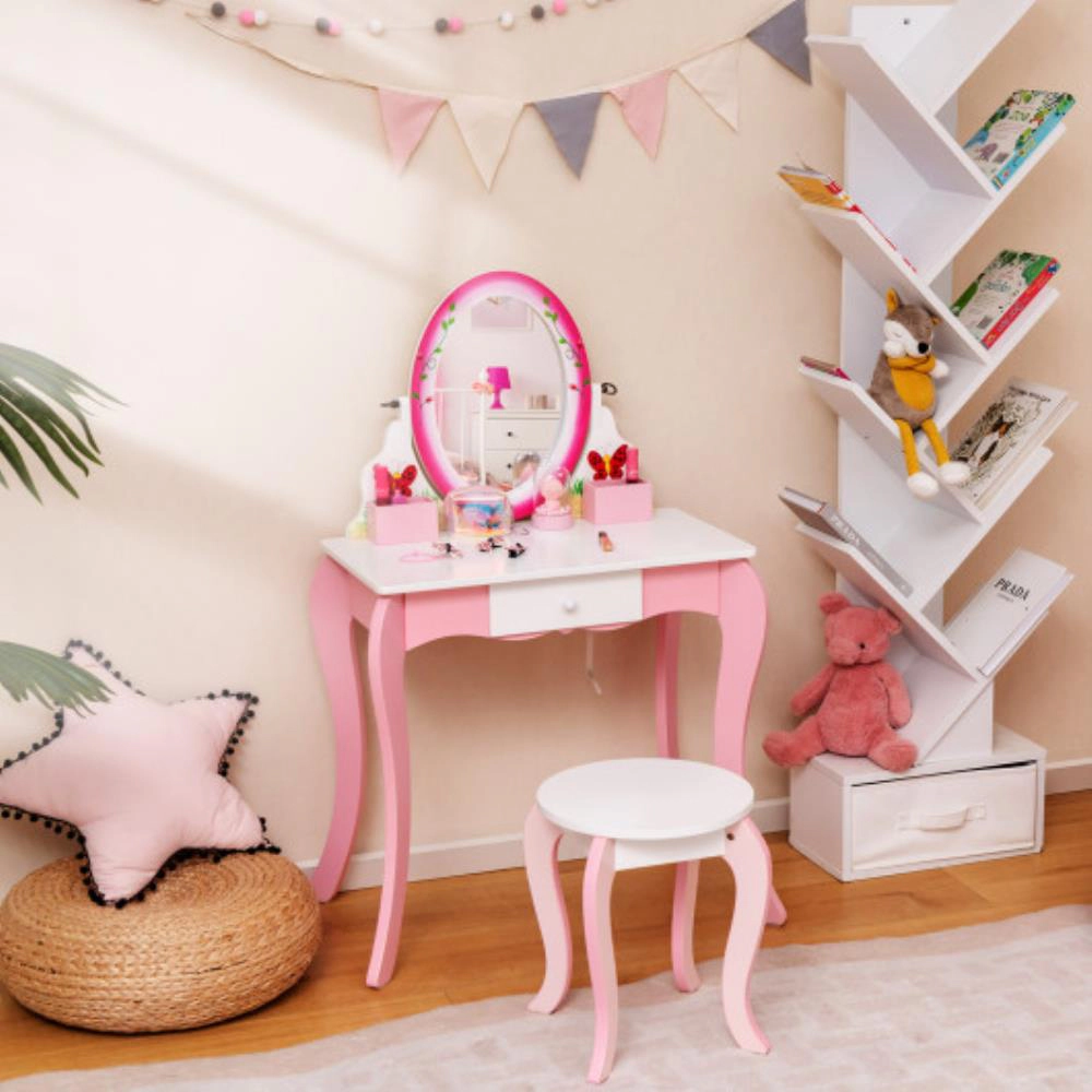 Hivvago Kids Vanity Table And Stool Set With 360Â° Rotating Mirror And Whiteboard-Pink