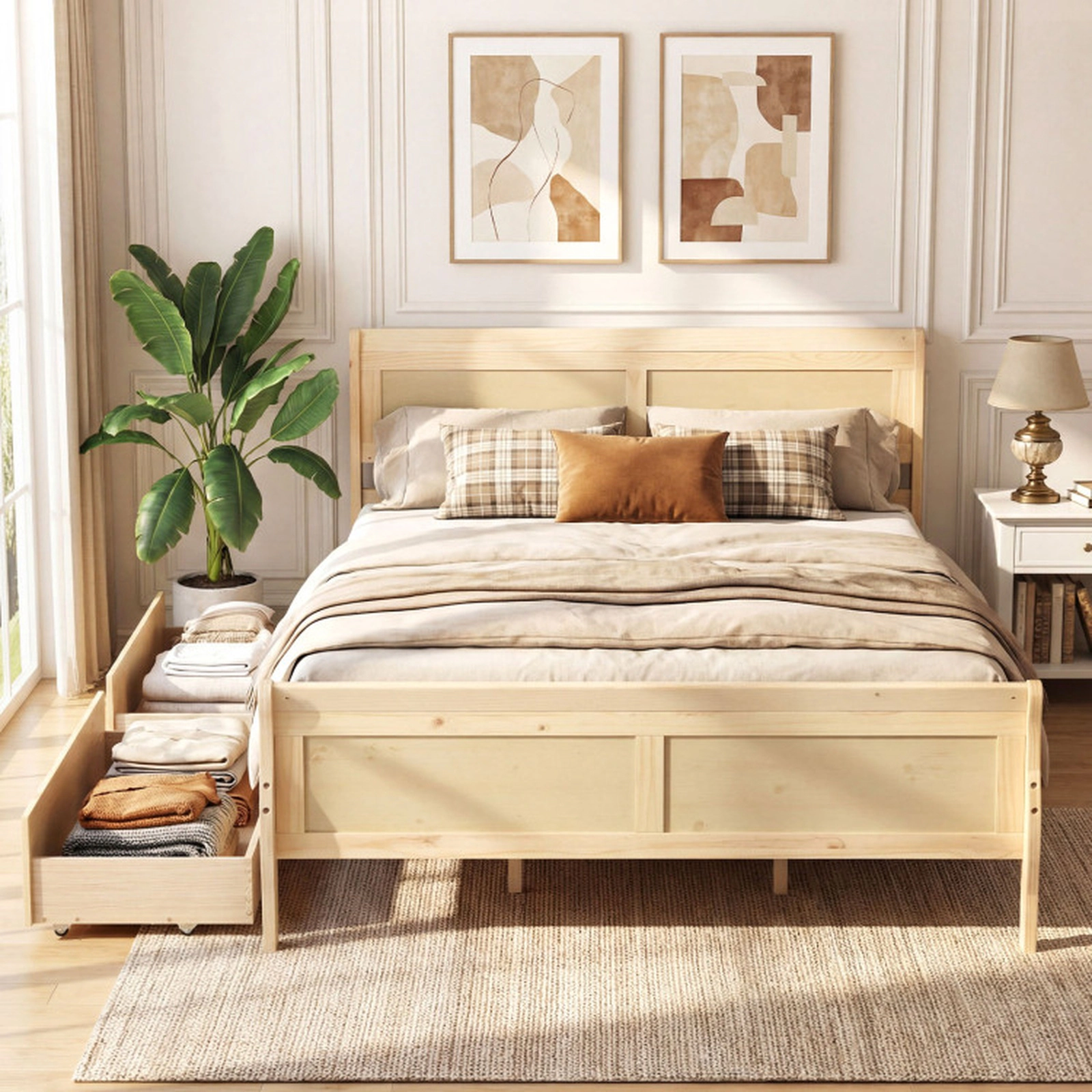 SUGIFT Natural 2 Storage Drawers and Curved Footboard Queen Size Wooden Bed Frame