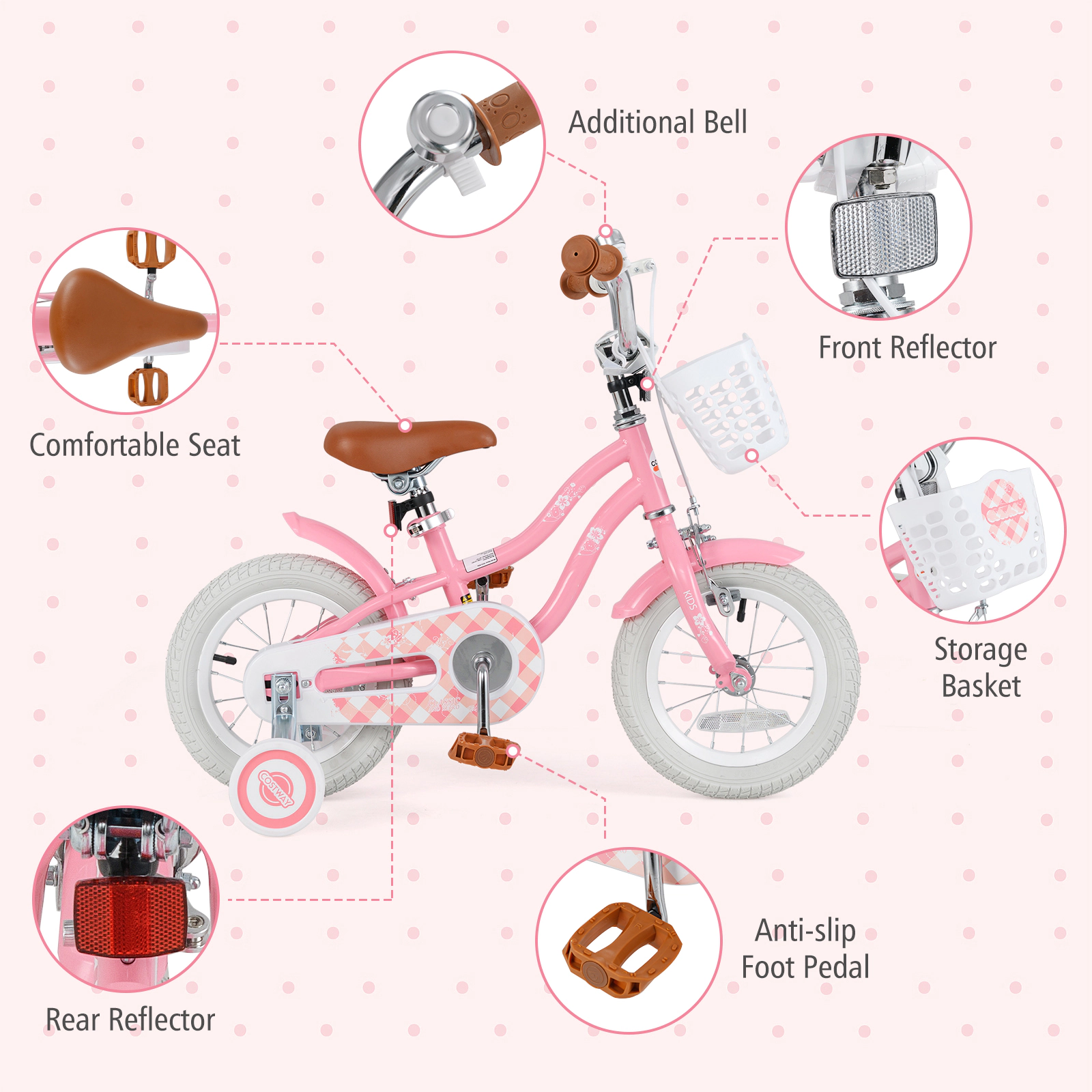 SUGIFT Height-Adjustable 12-Inch Kids Bicycle with Training Wheels and Basket 99-lb Seat Capacity Ages 3-4 Years Peach