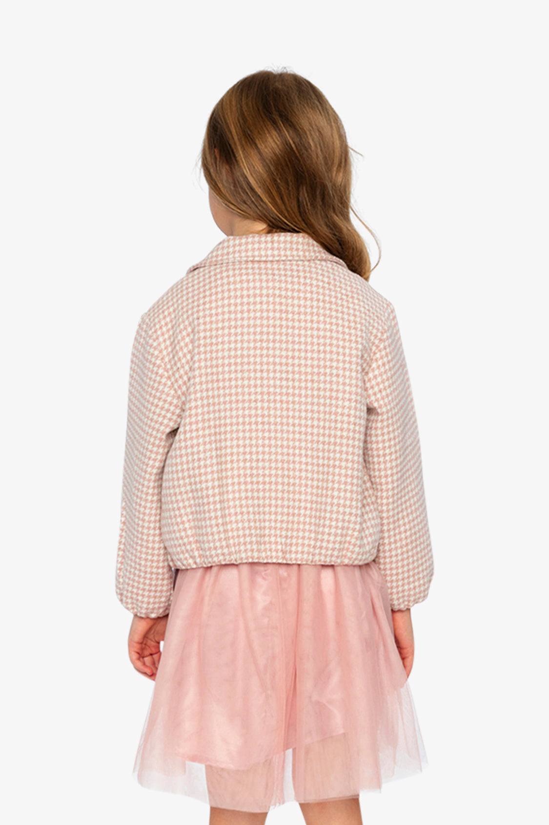 Deux par Deux Girls Zip Front Gathered Houndstooth Bomber Jacket with Side Pockets