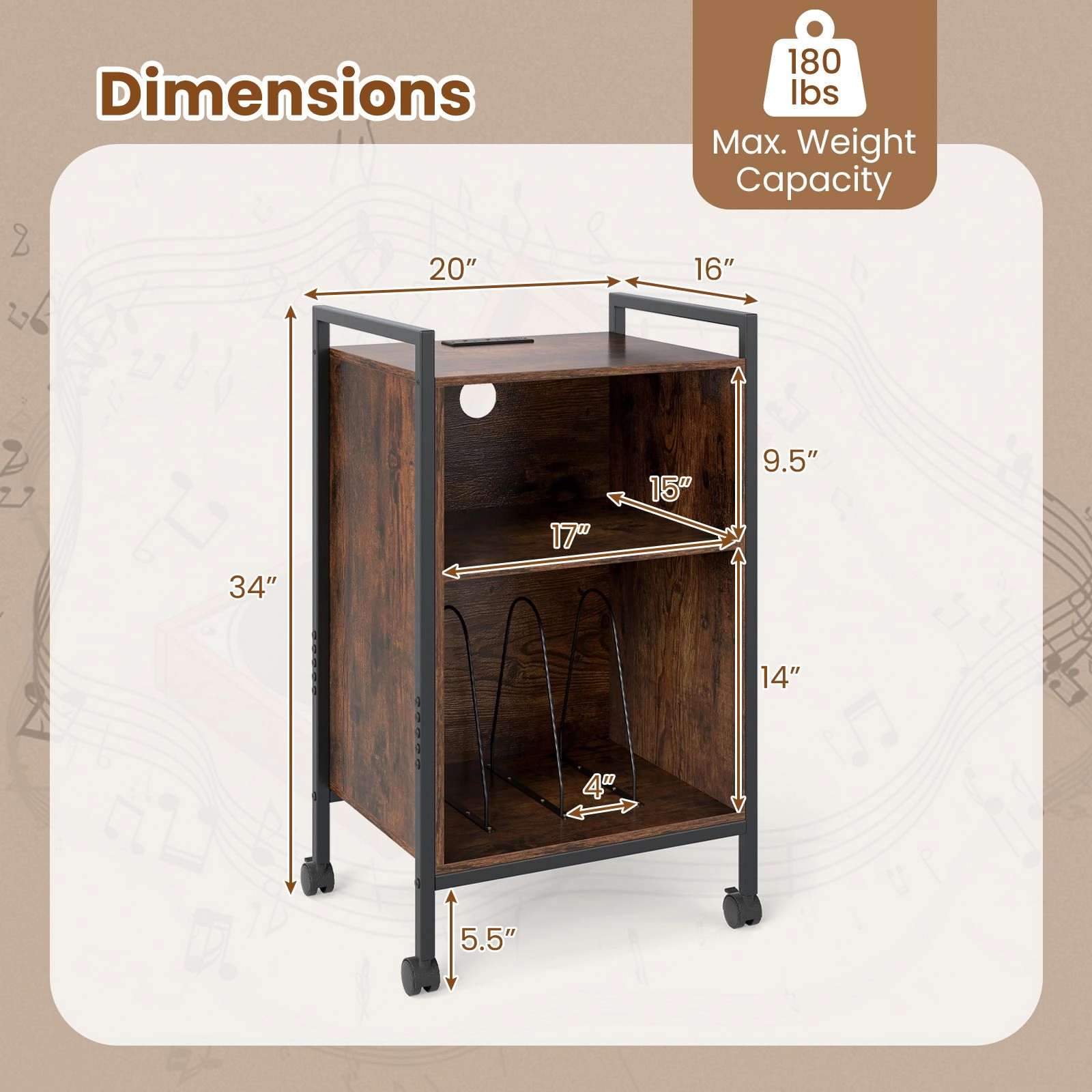 SlickBlue Modern Vinyl Record Player Stand with Storage Shelf and Charging Station