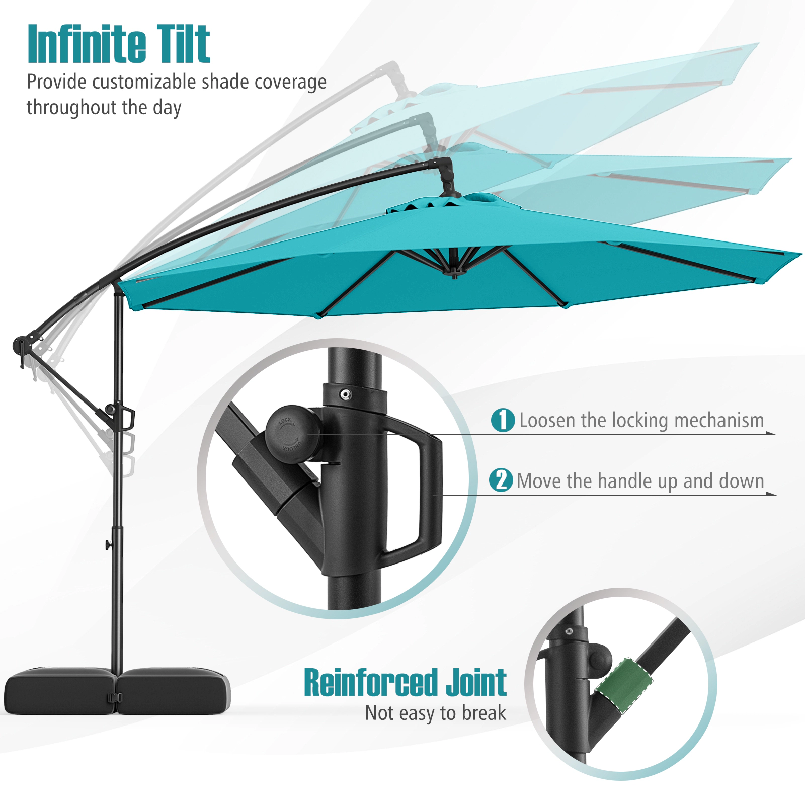 SUGIFT 10-ft Turquoise Offset Cantilever Patio Umbrella with Base Infinite Tilt and 360-Degree Rotation