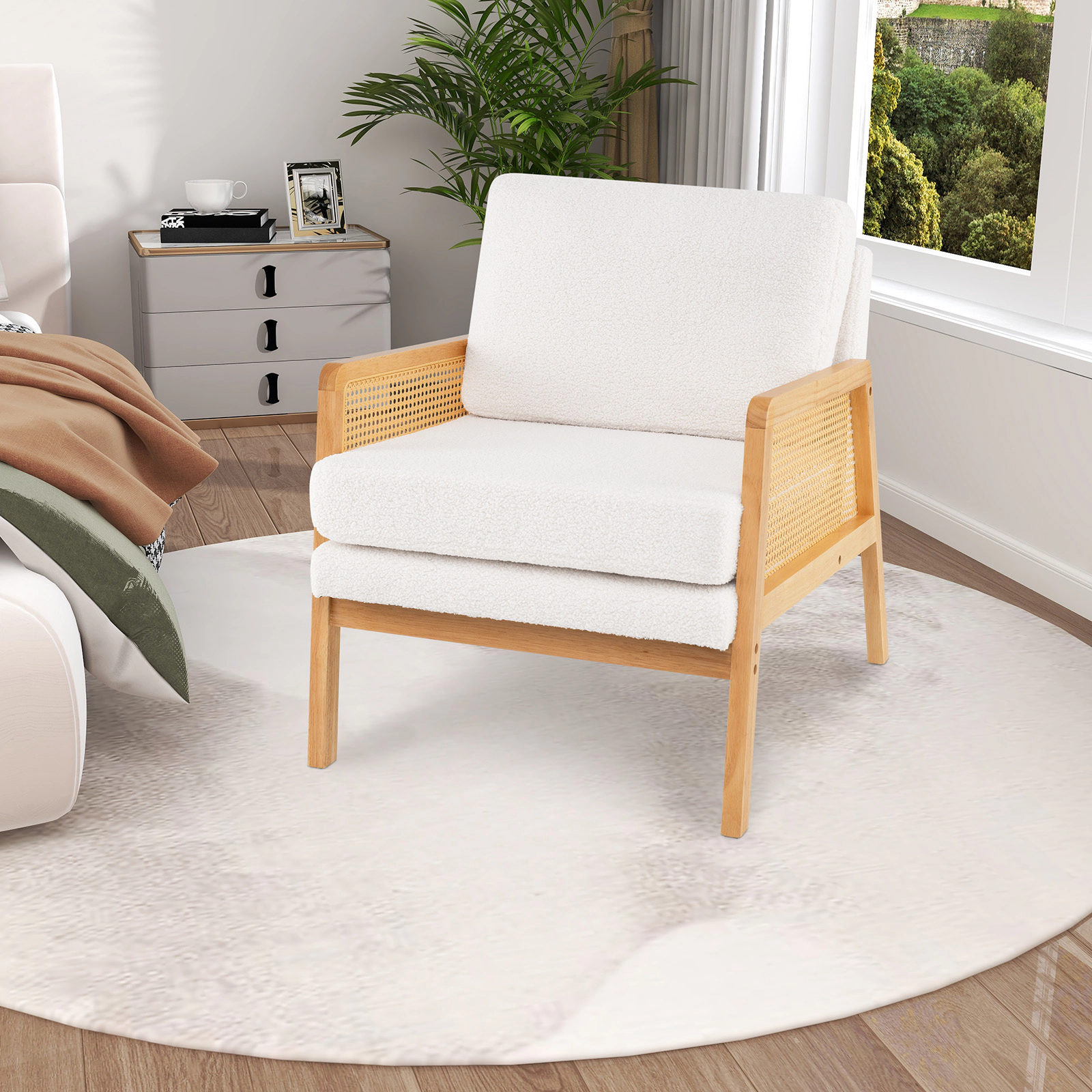 LJG Mid Century Modern Accent Chair with Rattan Arms and Cushion