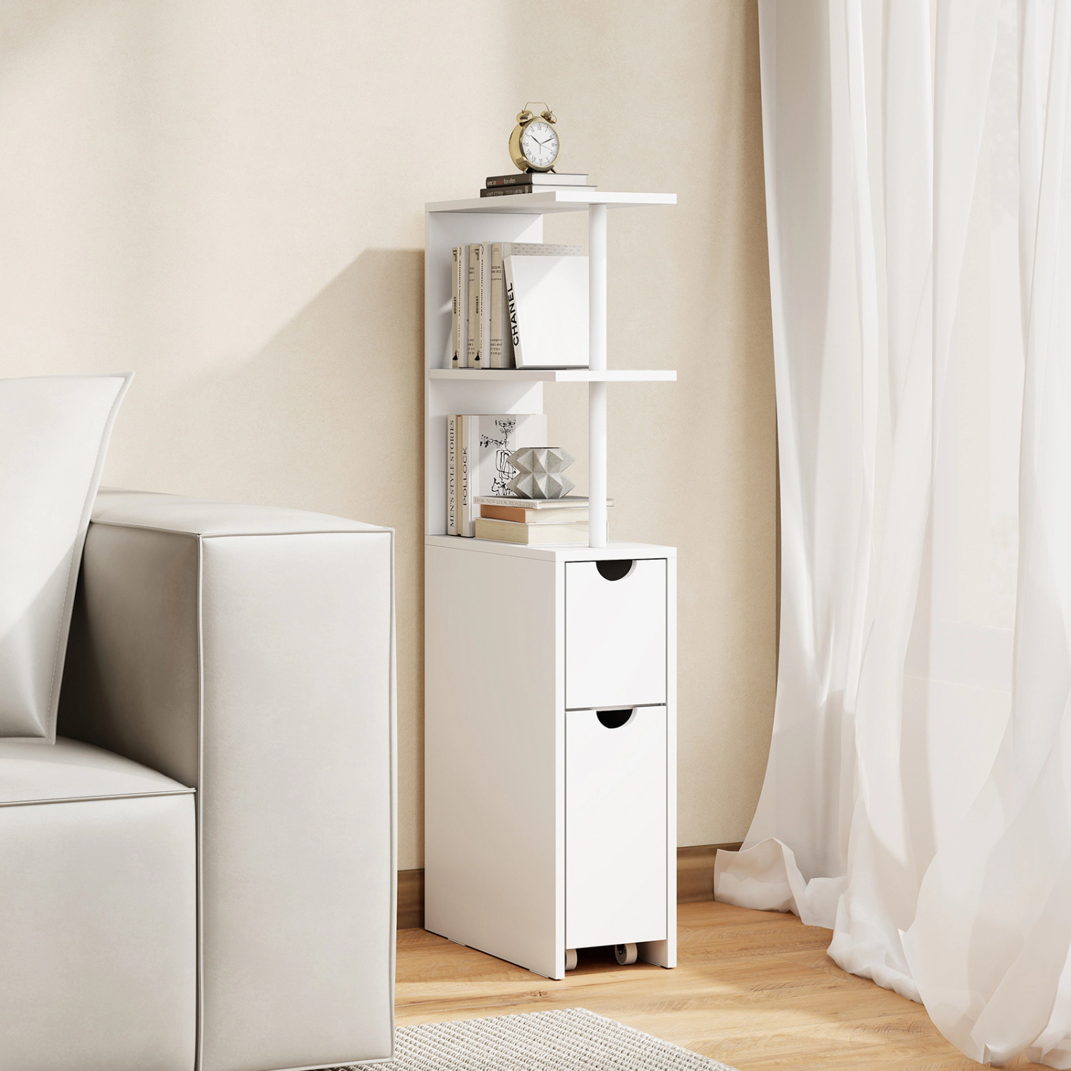 Slickblue Slim Bathroom Storage Cabinet White MDF Drawer Rolling Cart Open Shelves