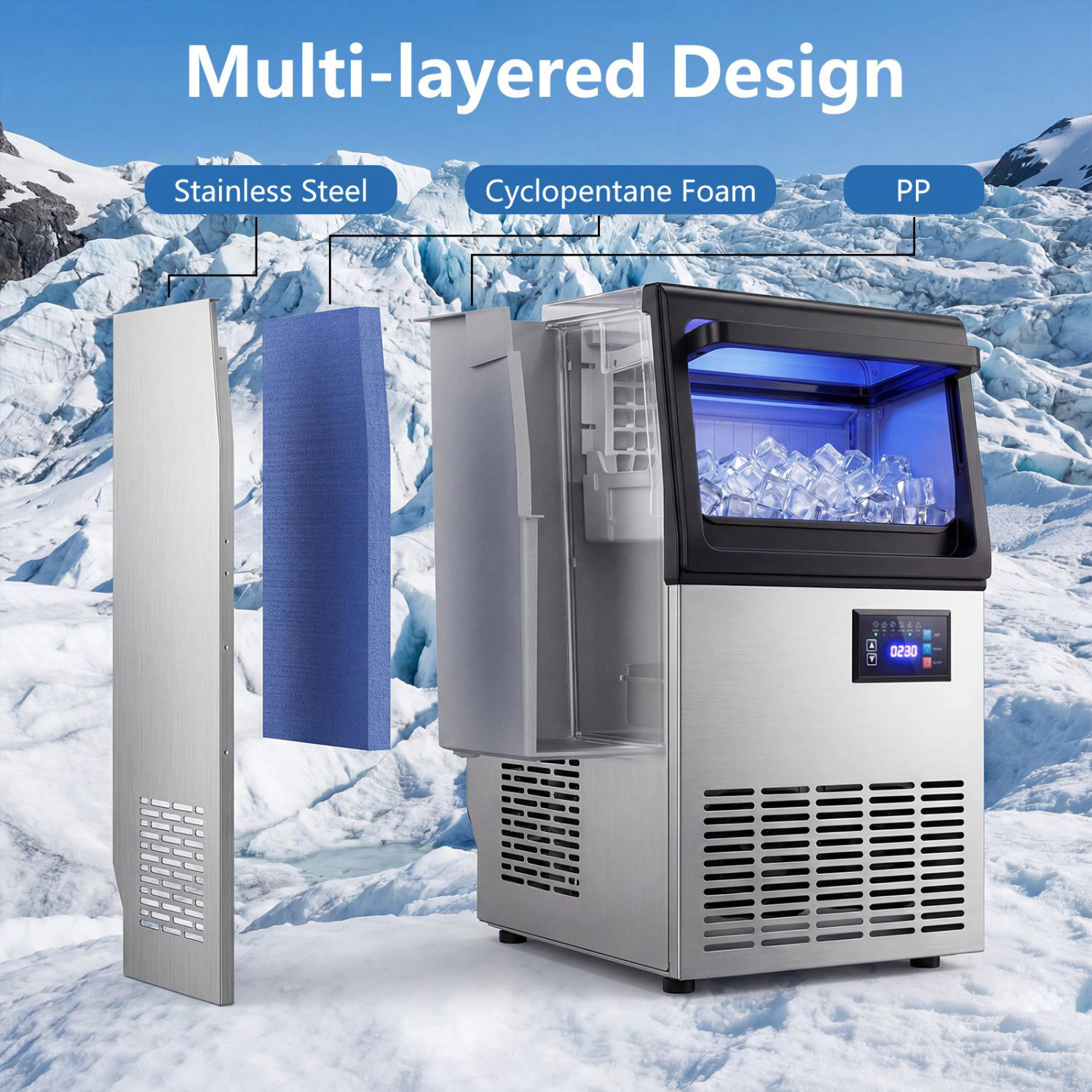 SlickBlue Black Silver Stainless Steel Ice Machine, 80 Lbs Daily