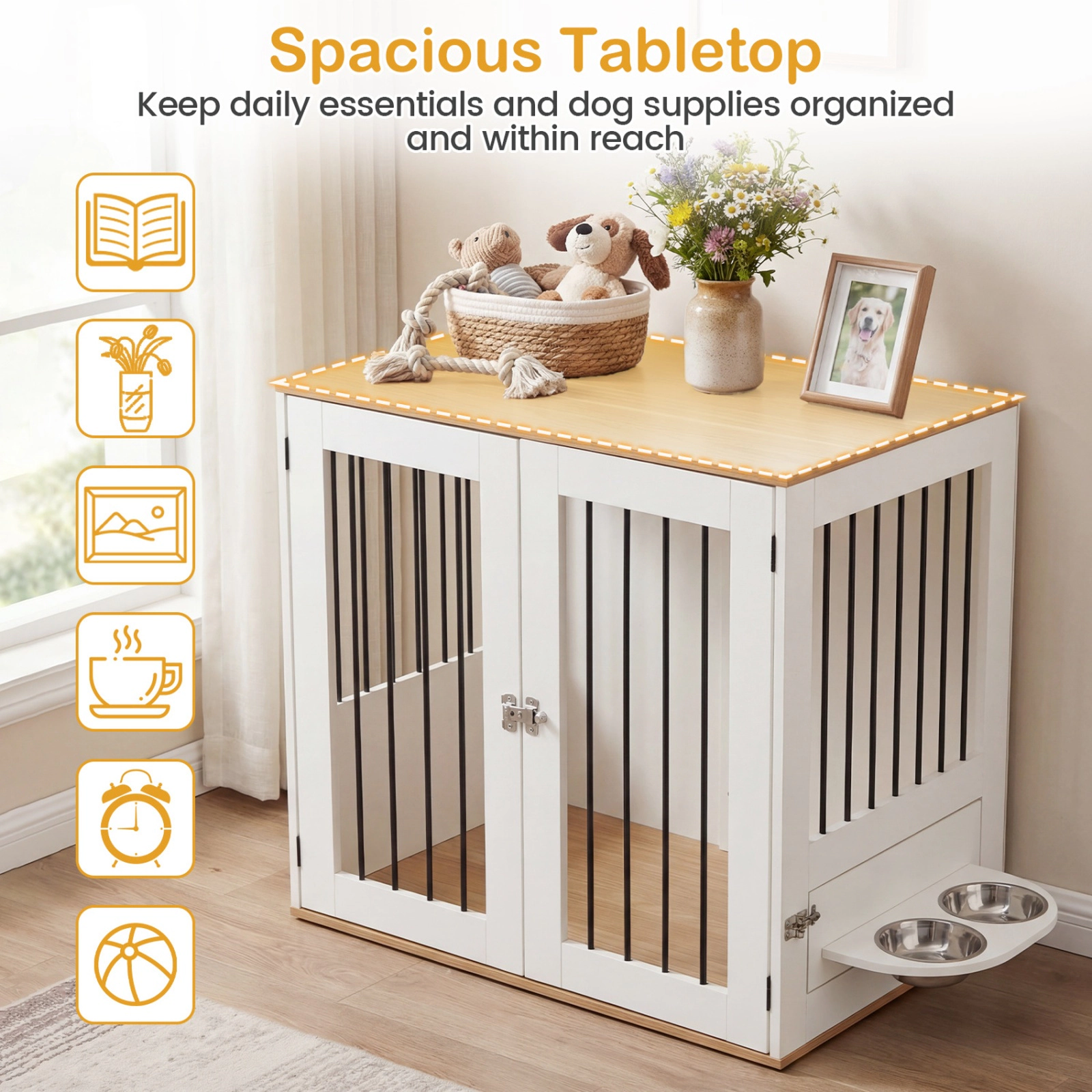 SUGIFT 31.5 in Dog Crate Furniture White Wooden Kennel with Double Lock Doors and Rotating Feeder