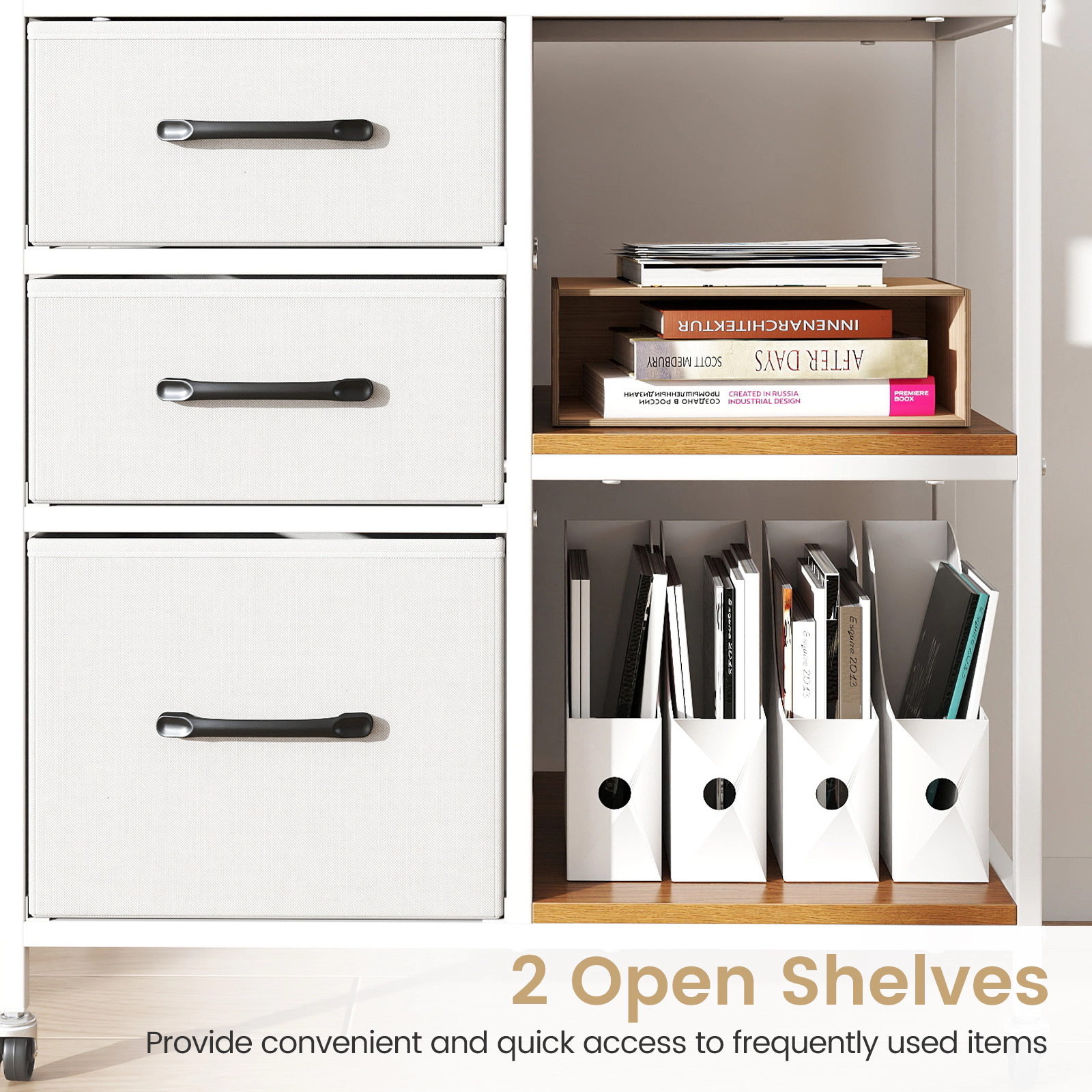SUGIFT 3 Drawer Mobile File Cabinet Natural with Charging Station and Printer Shelves