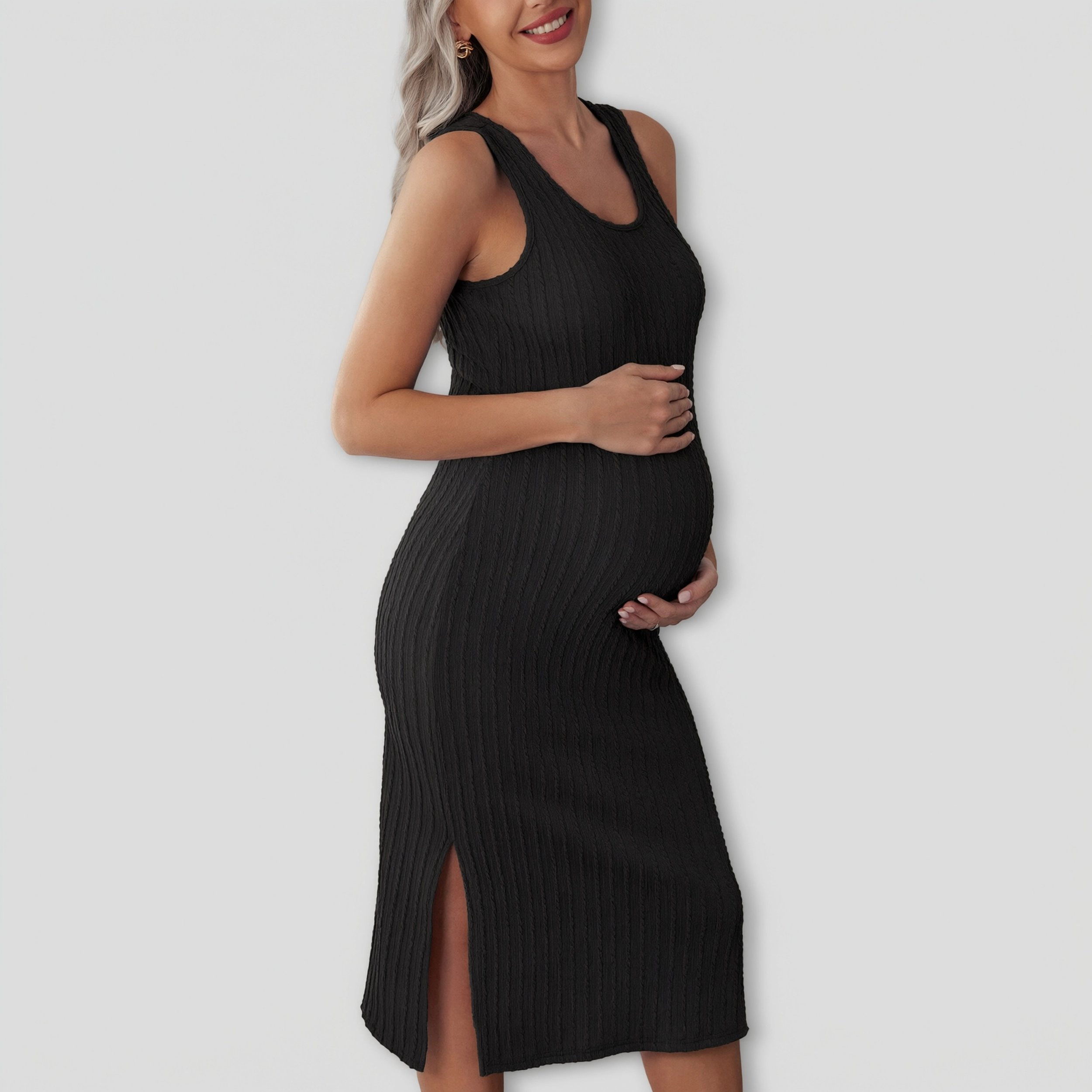 Ekouaer Women's Maternity Sleeveless Ribbed Knit Side Slit Midi Dress