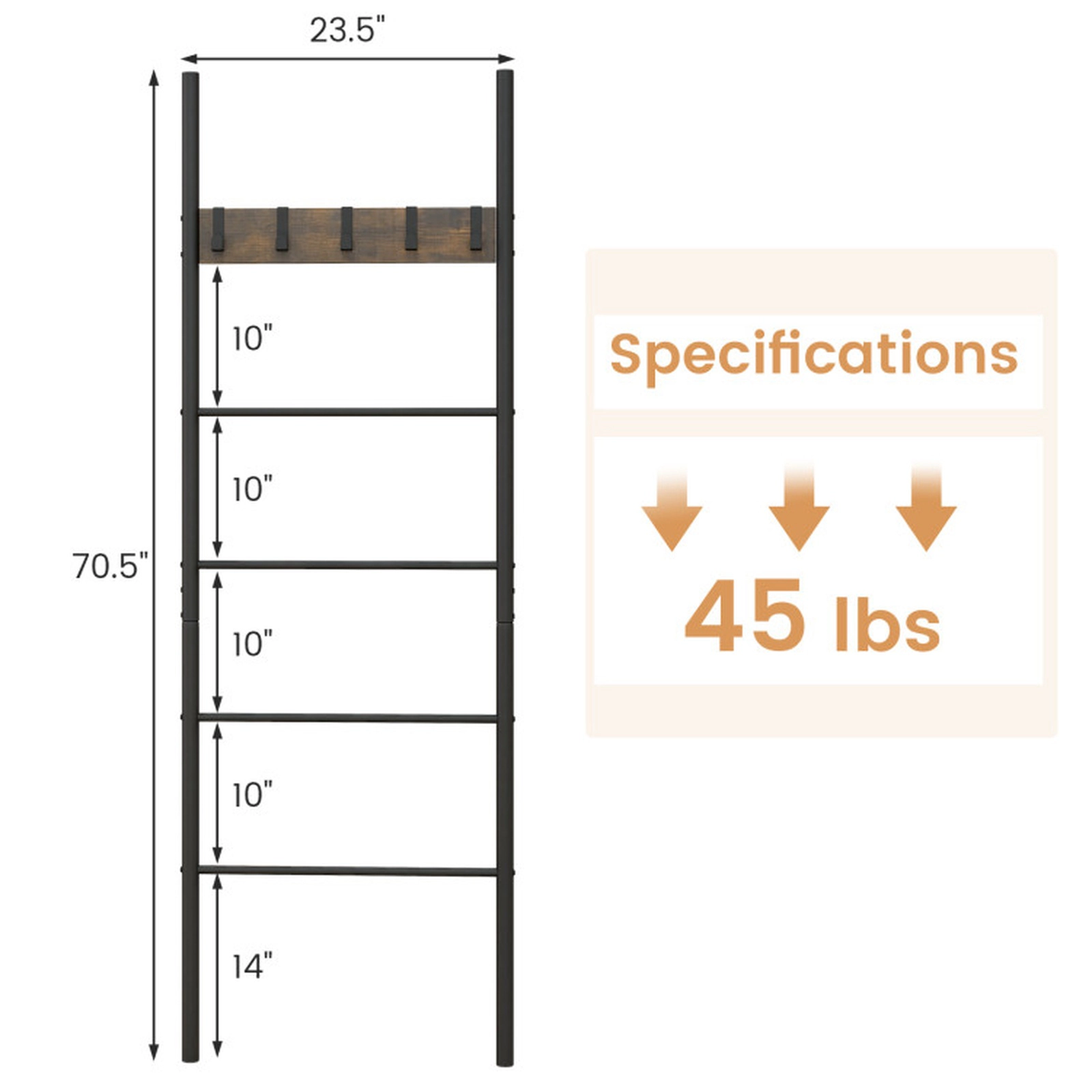 SUGIFT Wall-Leaning 4 Hanging Bars 5 Removable Hooks Blanket Ladder Rack 23.5-in x 70.5-in 45-lb Capacity Rustic Brown