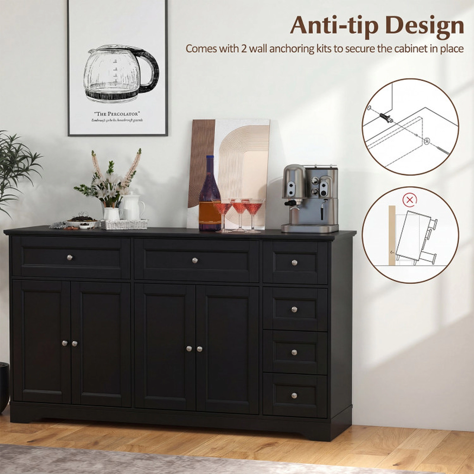 SUGIFT 6-Drawer 2 Cabinets Coffee Bar Station Buffet Sideboard 59-in x 16-in x 34-in 220-lb Capacity Black