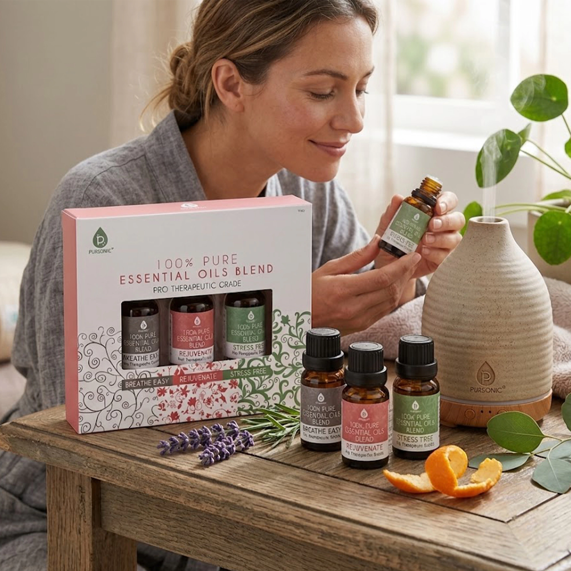 Pursonic Unisex Natural Aromatherapy Essential Oil Set – Stress Relief, Rejuvenating & Breathe Easy Blend Collection