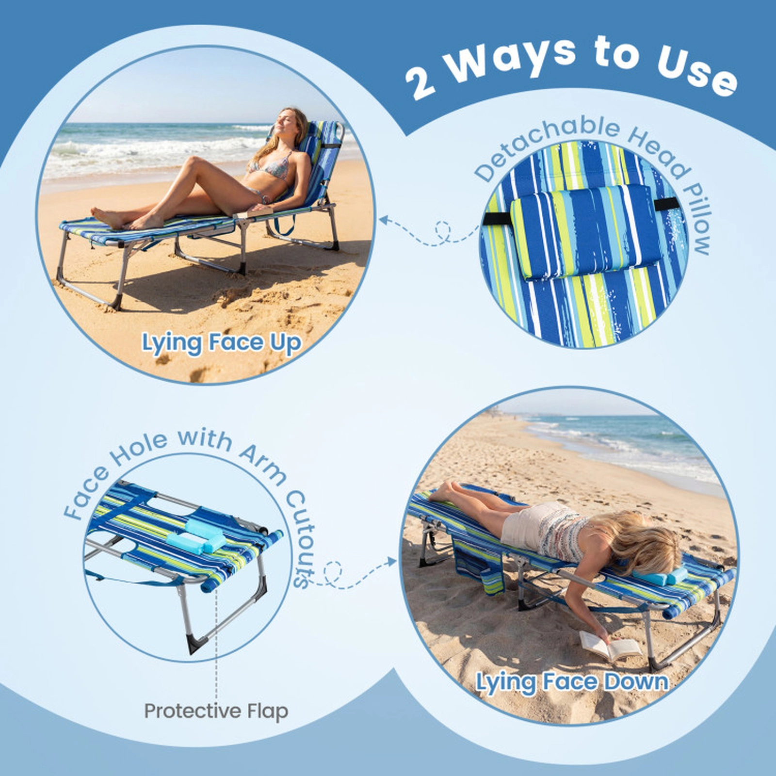 SUGIFT Set of 2 Portable Tanning Chairs with Face and Arm Holes 330-Lb Capacity 4-Level Backrest Blue & Green