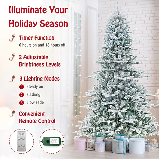 SUGIFT 8-ft Pre-Lit Snow Flocked Artificial Christmas Tree with 800 Cool White LED Lights Timer and Remote White