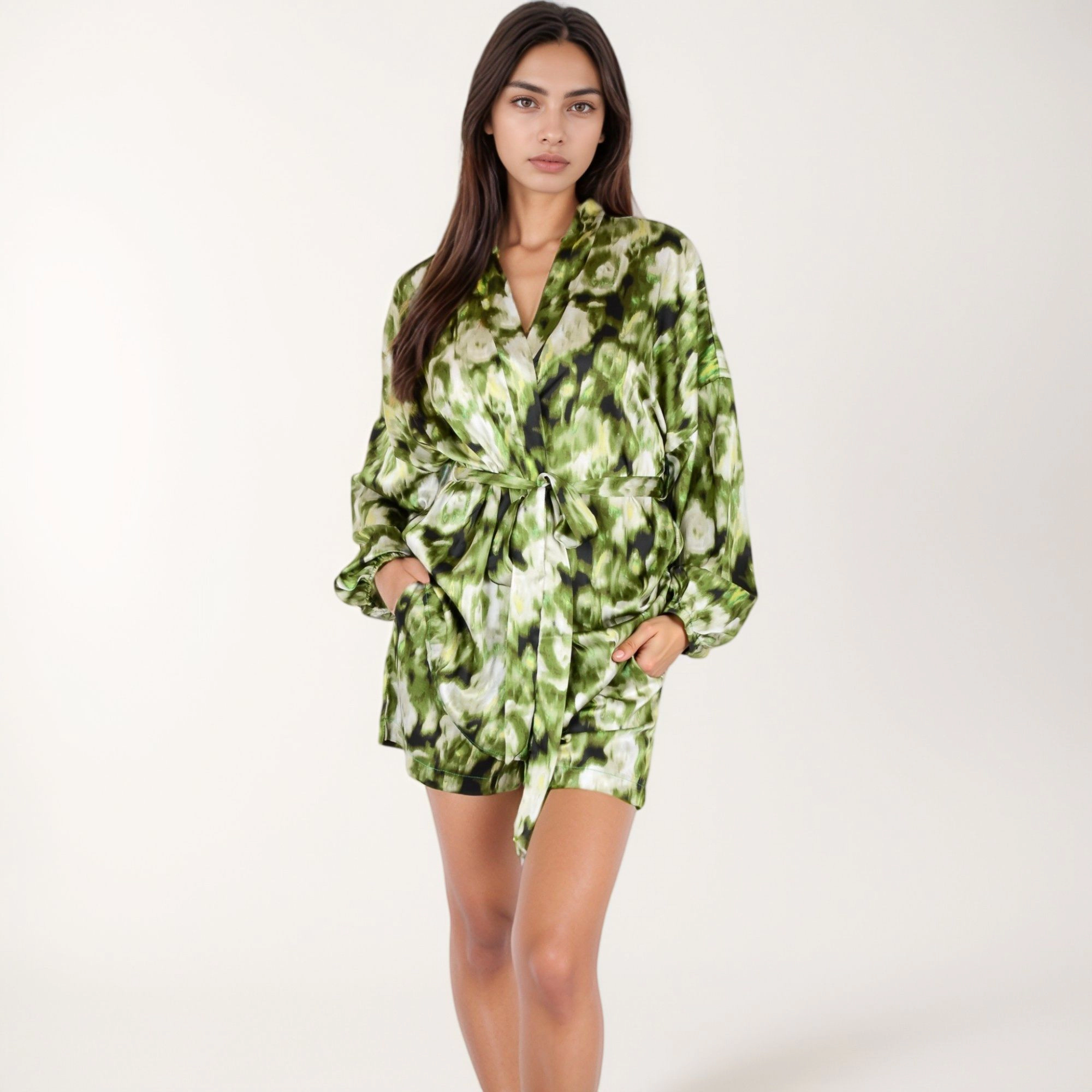 Anna-Kaci Women's Printed Satin Robe with Tie Waist and Flowing Sleeves